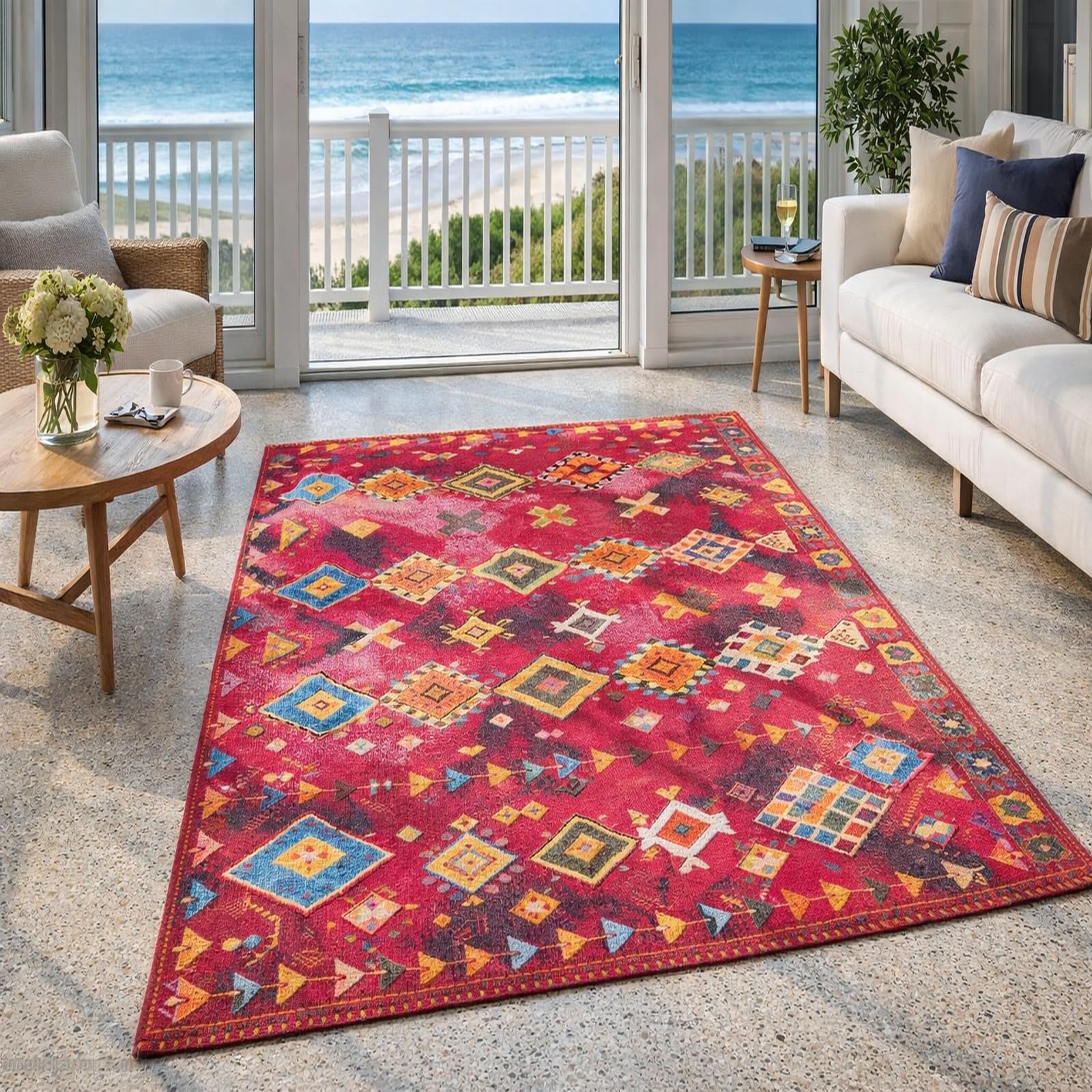 Tapis géométrique moderne vintage coloré rouge bleu jaune 140x160 cm pour salon