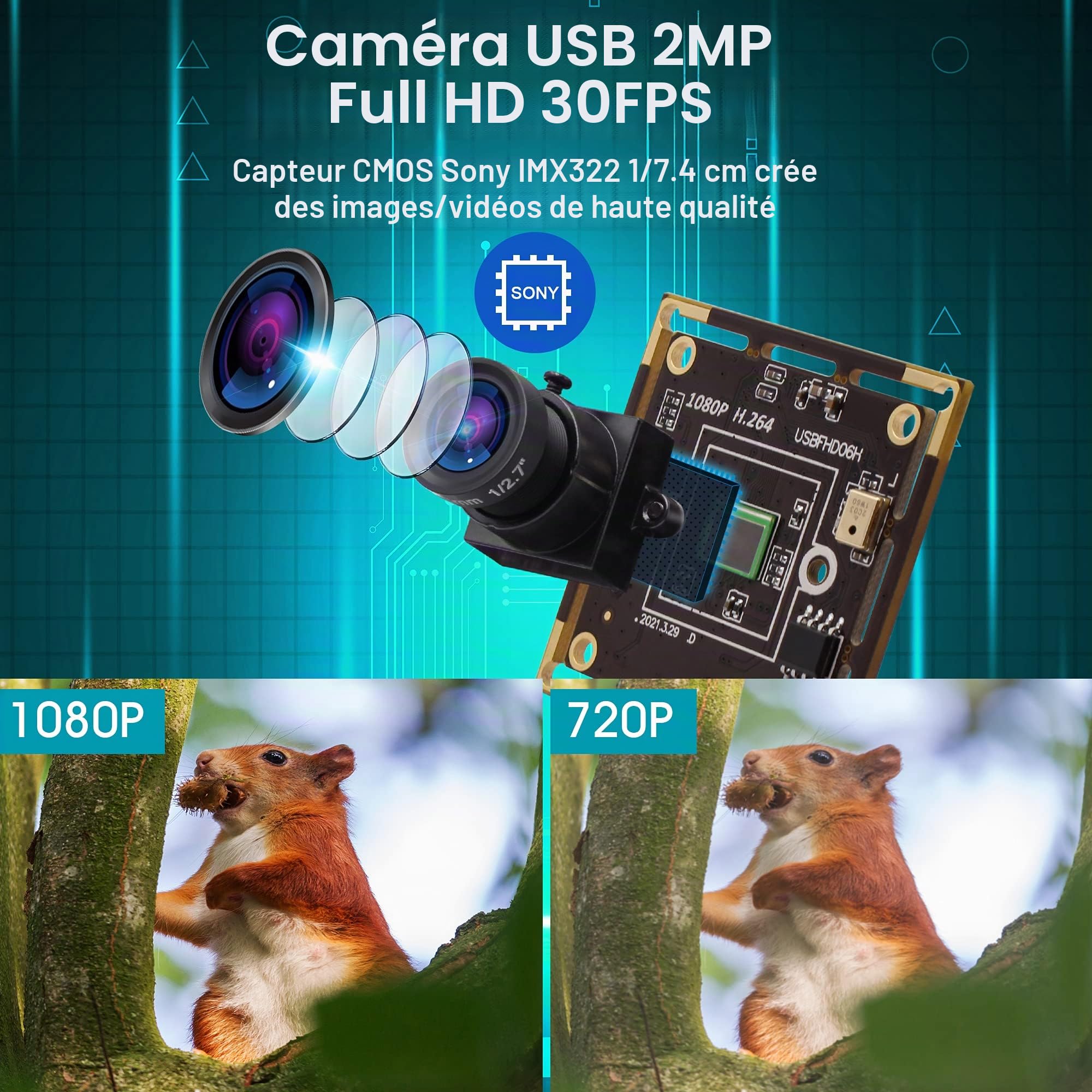 Module de caméra USB ELP 1080p Basse lumière pour Ordinateur avec Microphone, capteur d'image Couleur CMOS IMX323 2 MP, Objectif 3,6 mm, Plug and Play pour Windows, Linux et Mac OS