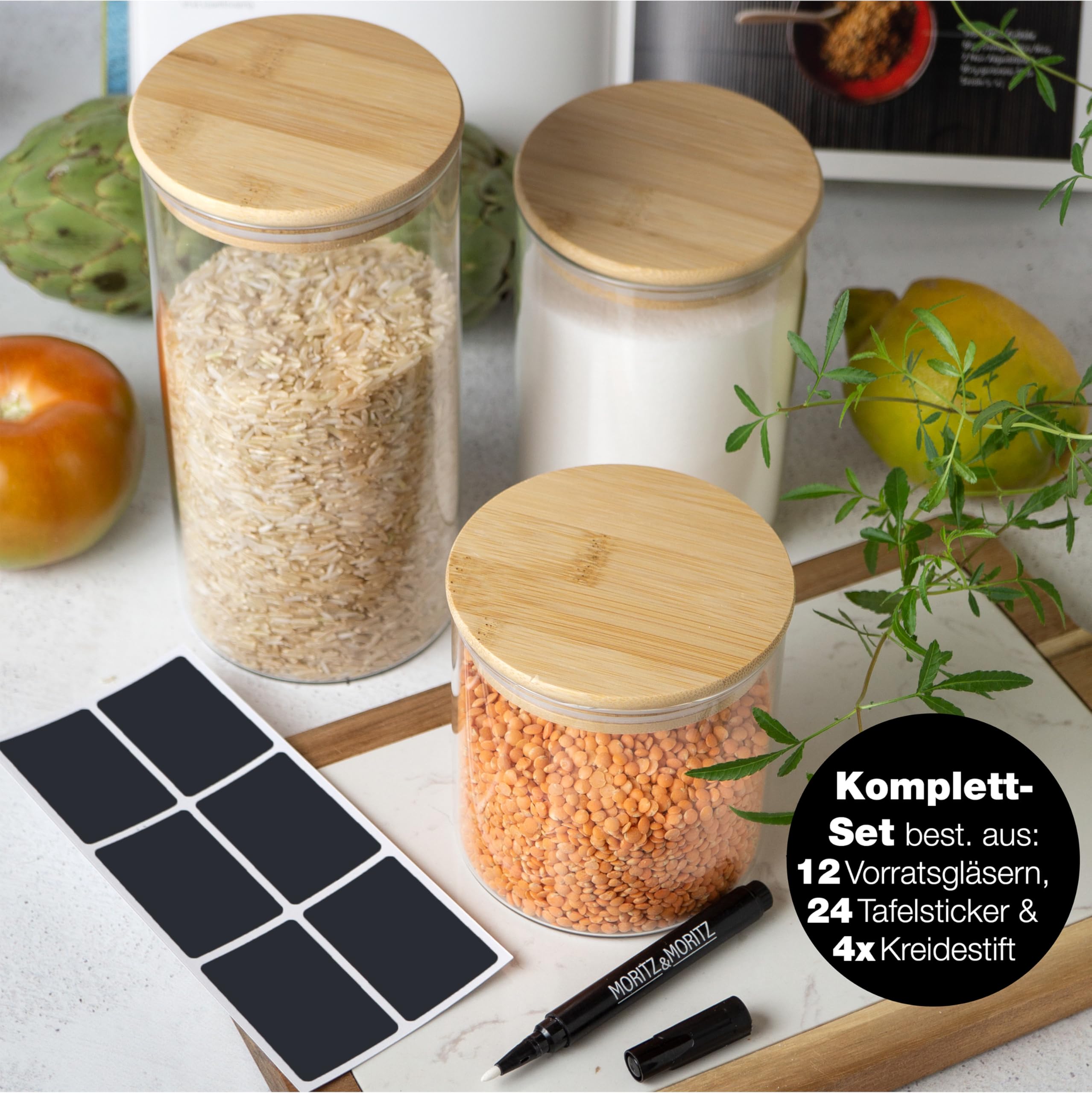 Moritz & Moritz 12x Vorratsgläser mit Deckel Set 4x 1500 ml 4x 750 ml, 4x 500 ml - 12x Vorratsdosen Glas mit Deckel luftdicht aus Bambus - Als Aufbewahrungsgläser Küche