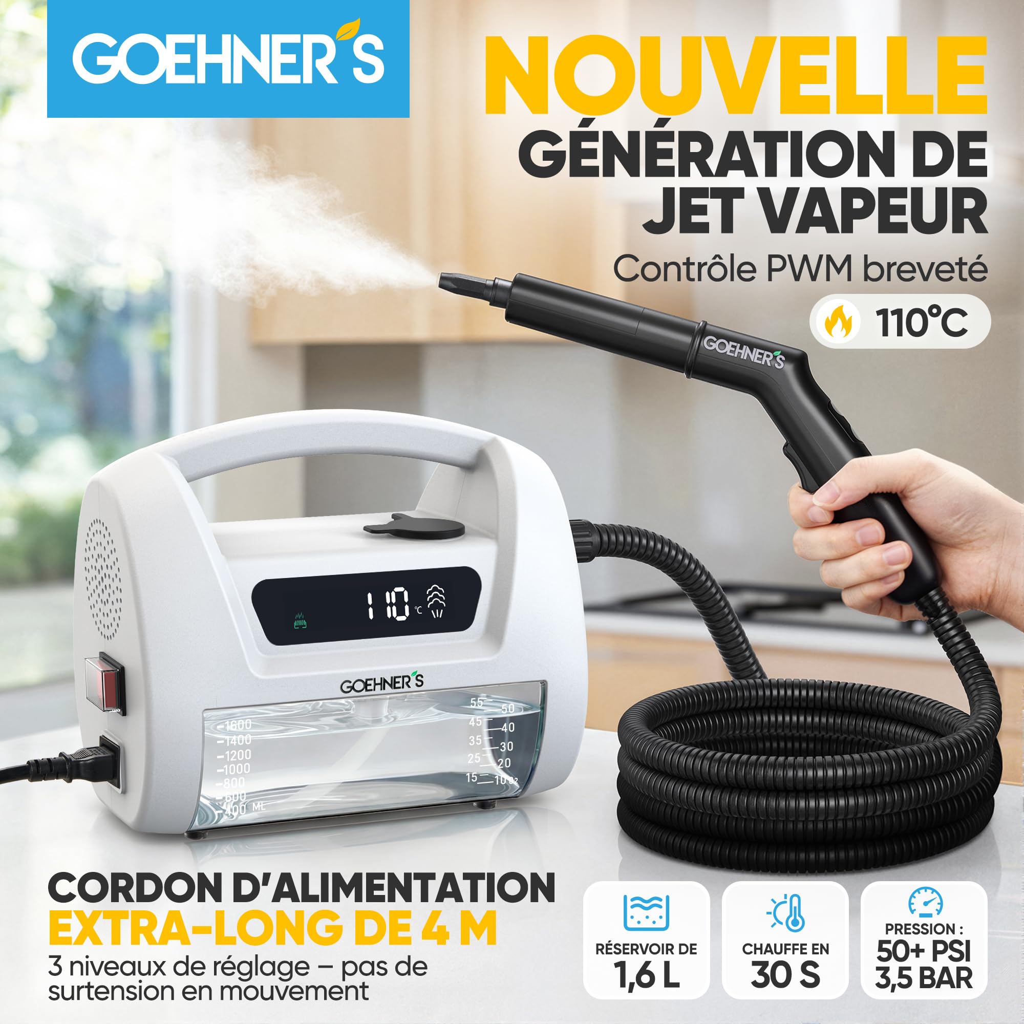 Nettoyeur Vapeur Haute Pression Portable, Appareil à Vapeur 110℃/3,5Bar pour la Maison, Chauffage Rapide 30s avec 3 Niveaux de Vapeur, Convient pour Carrelage, Cuisine, Salle de Bain et Voiture, Blanc