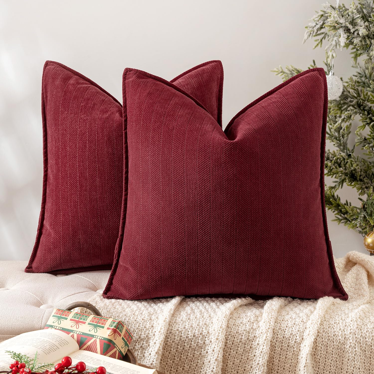 MIULEE Pack of 2 Burgundy Chenille Decorative Pillow Covers 20x20 Inch