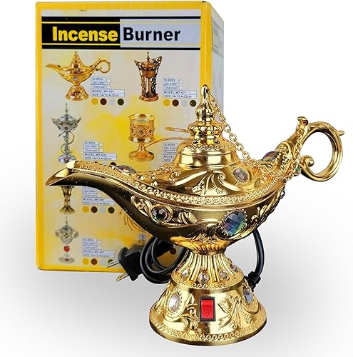 YASMEEN Quemador de incienso eléctrico dorado - Diseño antiguo de lámpara de aceite de Oriente Medio