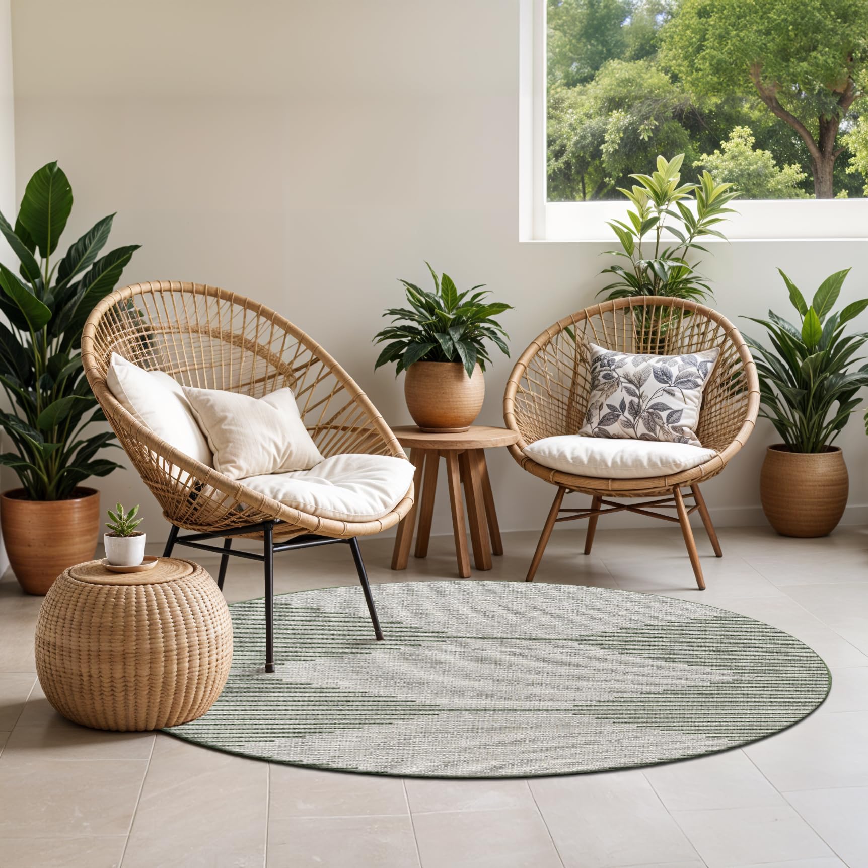 Livabliss Dolly Sevilla Indoor Outdoor Carpet 160 cm, Boho Pattern for Living Room, Dining & Garden, Waterproof Stain Durable, Green Ivory