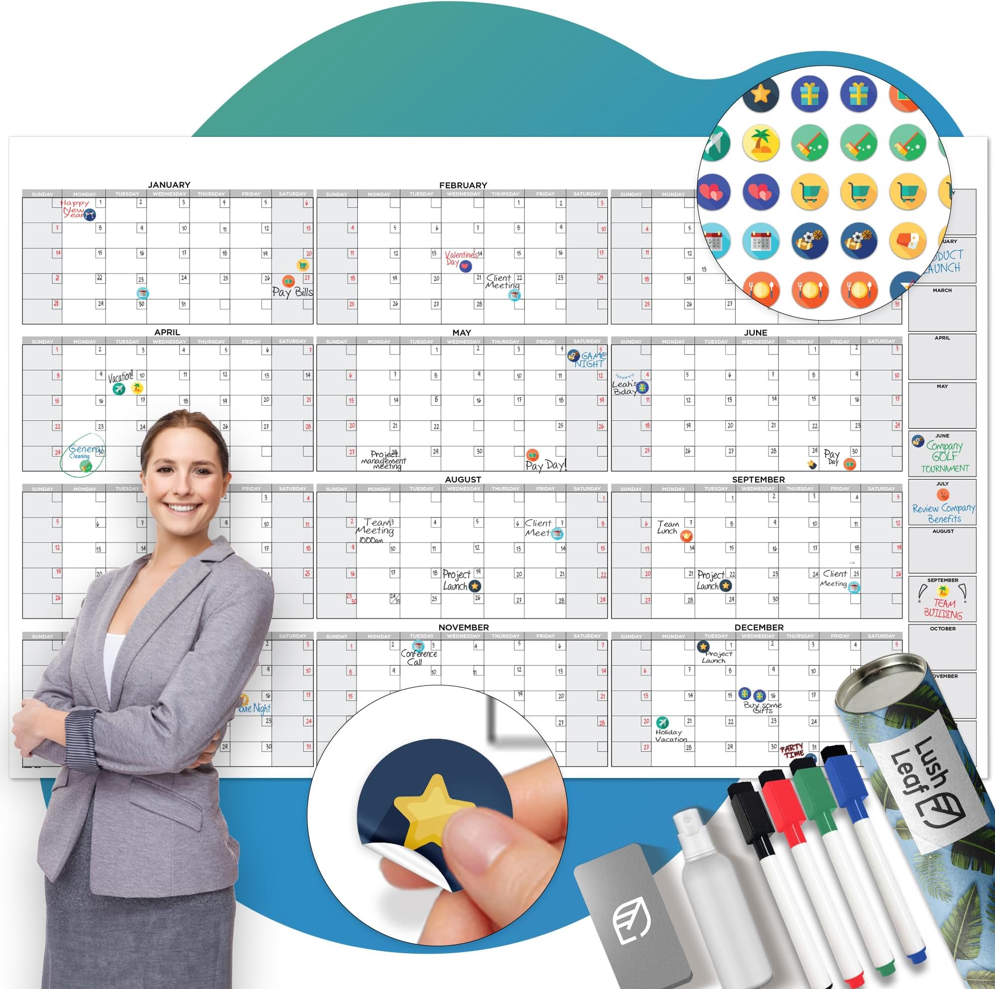 Lushleaf DesignsLarge Dry Erase Calendar for Wall, 38" x 58" - Undated, Yearly, Reusable - Full 12 Month Year - Includes Markers, Eraser & Accessories