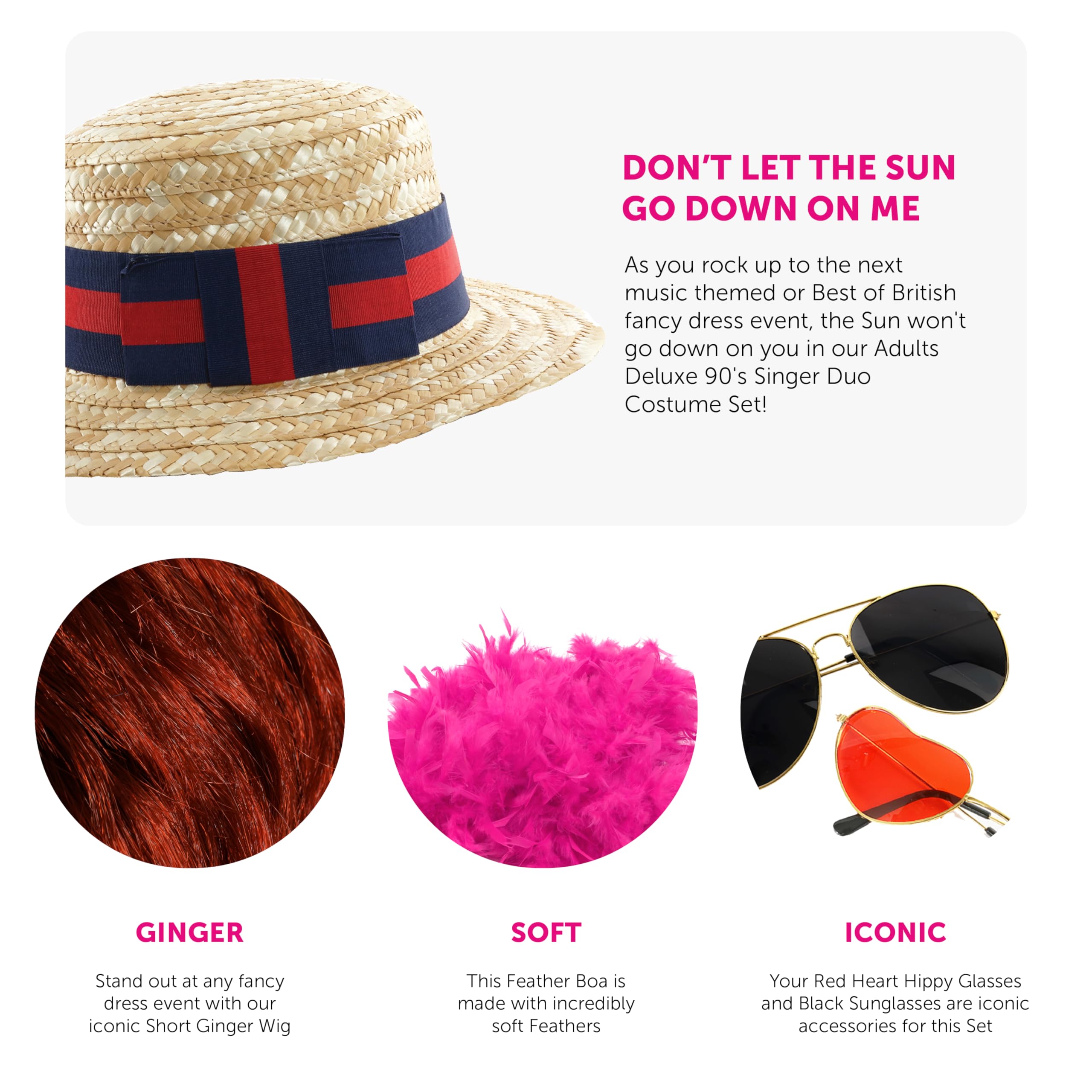 Costume duo chanteur des années 90 pour adultes – Chapeau bateau, perruque gingembre, boa à plumes roses, lunettes en forme de cœur, t-shirt Choose Life, perruque des années 80, lunettes de soleil –
