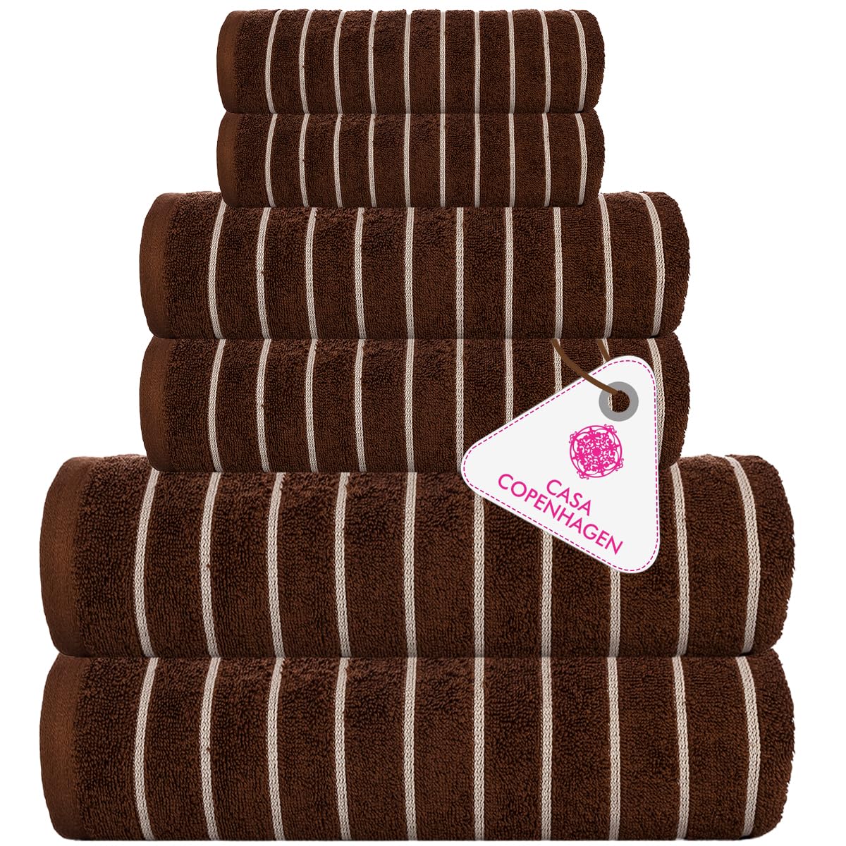 CASA COPENHAGEN Ecstatic 6Pcs 100% Egyptian Cotton Large Designer Towels Gift Set- Brown, 600GSM, 2Bath 2Hand 2Washcloths, Bath Towels for Bathroom