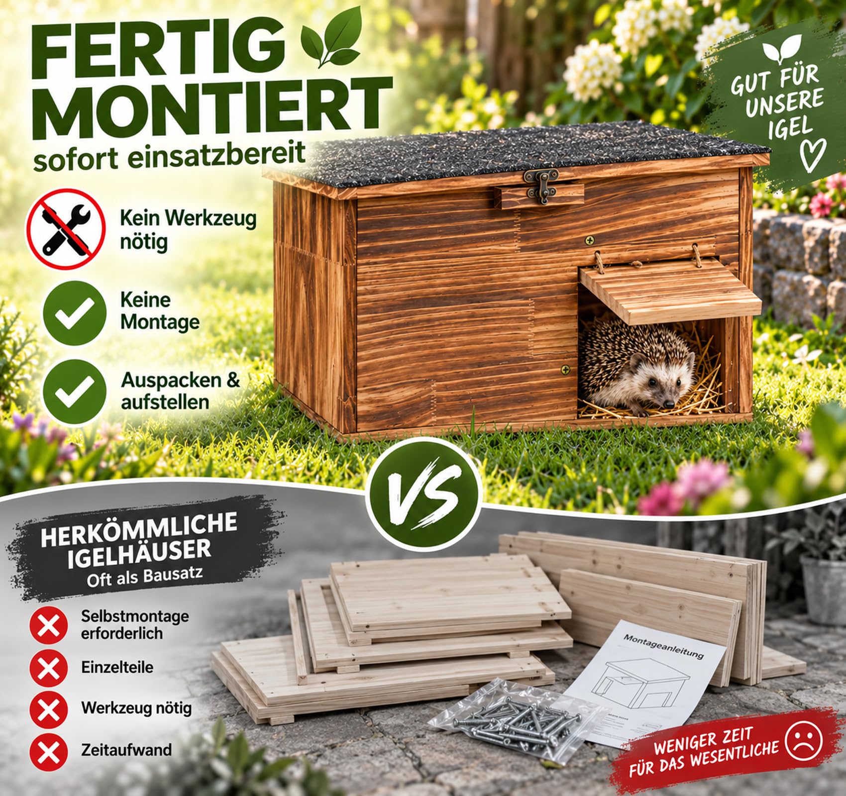 Homewit XXL Igelhaus aus Holz mit Boden, Igelhütte 45 cm für Garten & Natur