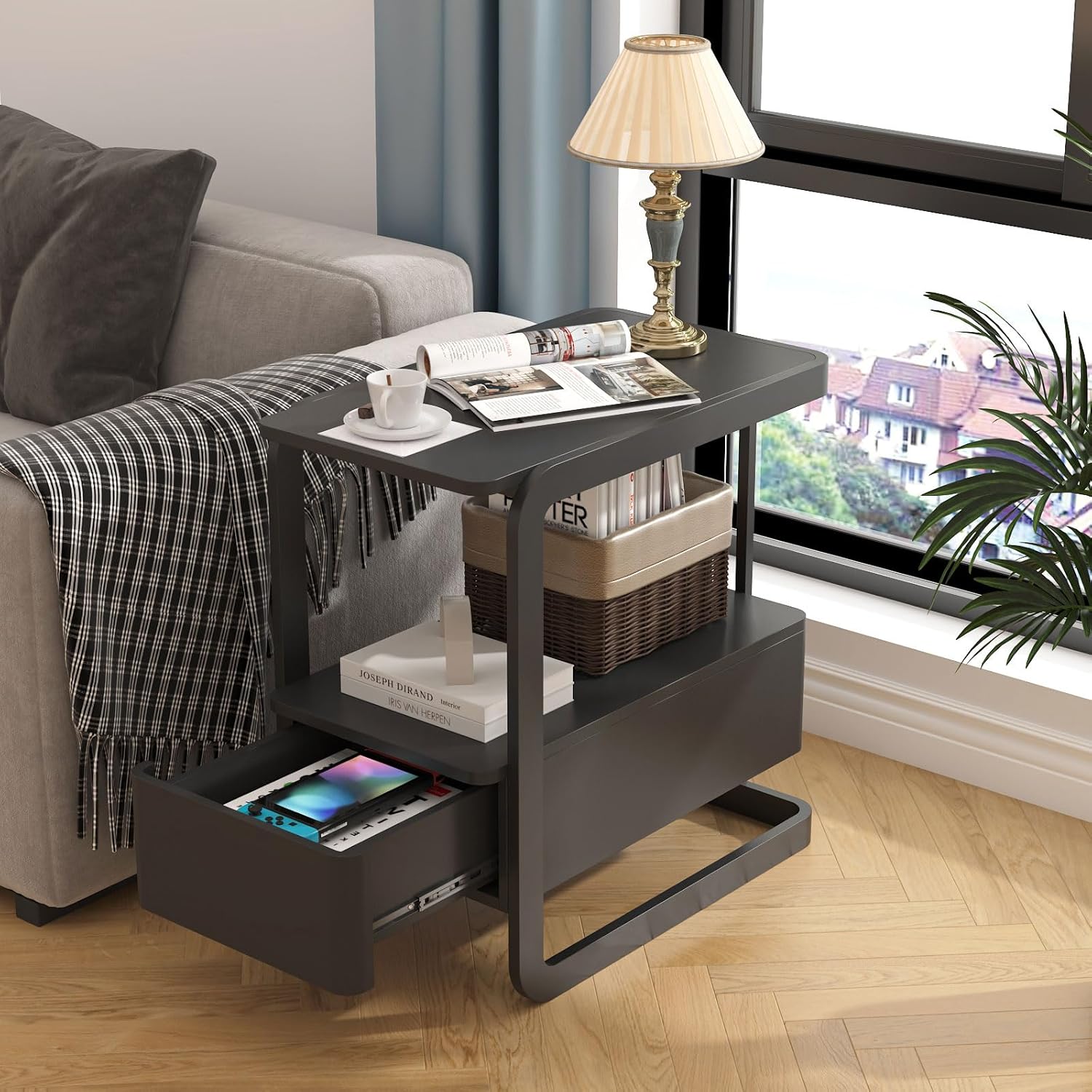 Narrow Side Table, End Table with Drawer& Storage Shelves, Modern Sofa Couch Table Curved Bedside Table for Living Room Bedroom, Narrow Nightstand with Thickening Iron Shelves for Small Space, Black