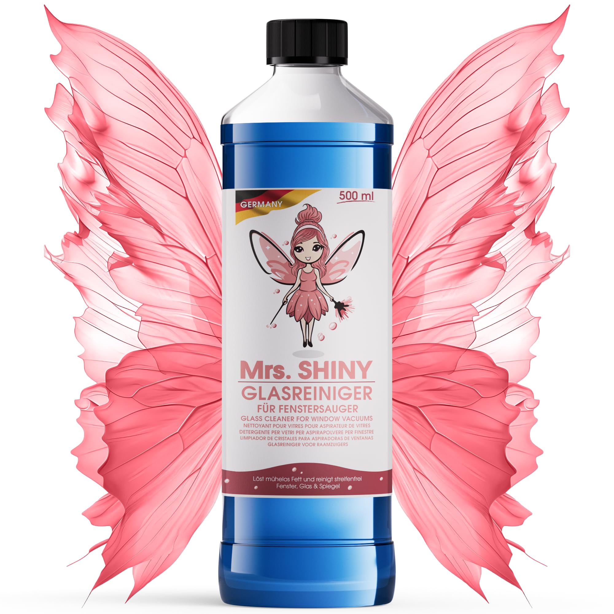 MRS. SHINY Glass Cleaner for Window Vacuum Cleaner [500 ml] Window Cleaner - Streak-free Cleaning - Foam-free Formula, Ready to Use - Dissolves Grease & Dust, Ideal for Glass, Mirrors & Window Robots