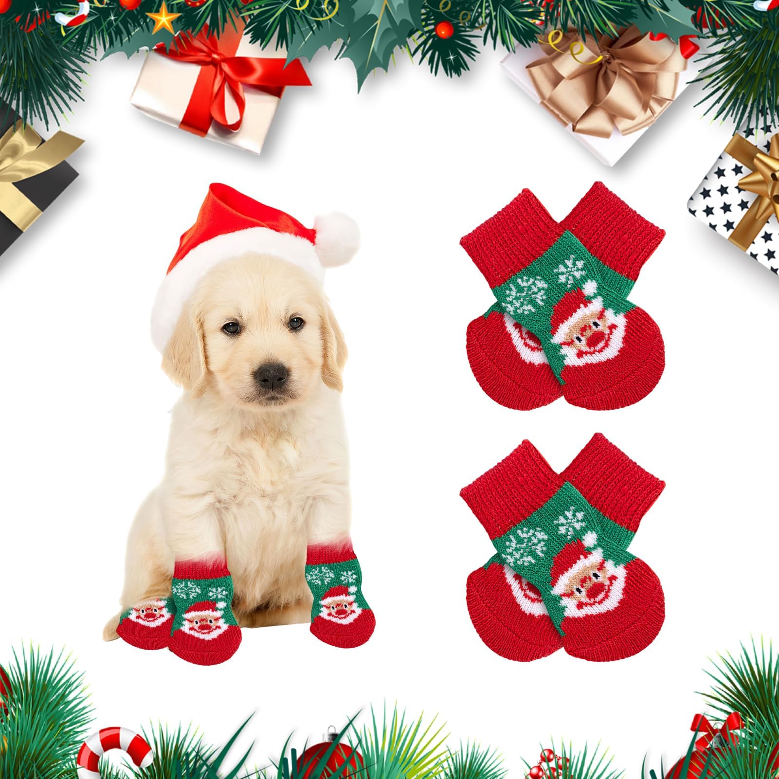 GBULTR 4pcs Christmas Dog Socks Anti Slip Dog Paw Protectors Santa Boots & Paw Protectors for Dogs Christmas Dog Paw Socks Christmas Pet Socks Paw Protectors Dog Shoes Small Dogs (Christmas Green, M)