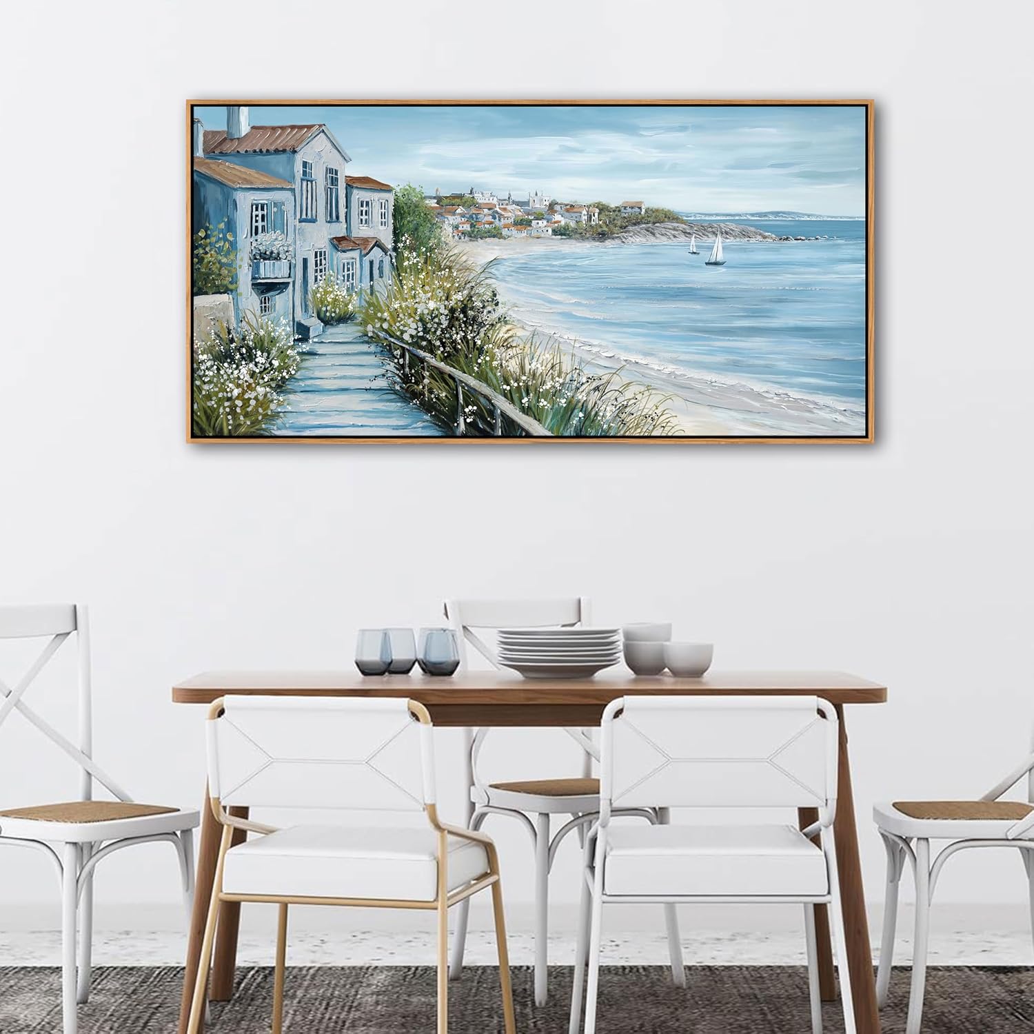 KLAKLA Coastal Decor Nautical Boat on Beach Canvas Picture Ocean Seagull Seascape Canvas Print Farmhouse Artwork for Seashore Bedroom Living Room Large Square Blue Teal 20x40 Inches - Image 3