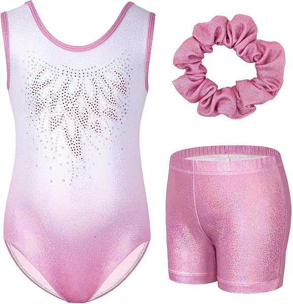 Gogokids Ensemble de Gymnastique Trois Pièces pour Filles, Justaucorps Sans Manches avec Shorts et Bandeau, Tenue de Gymnastique avec Design de Couleur Scintillants Dégradée pour 3 à 12 Ans - 1