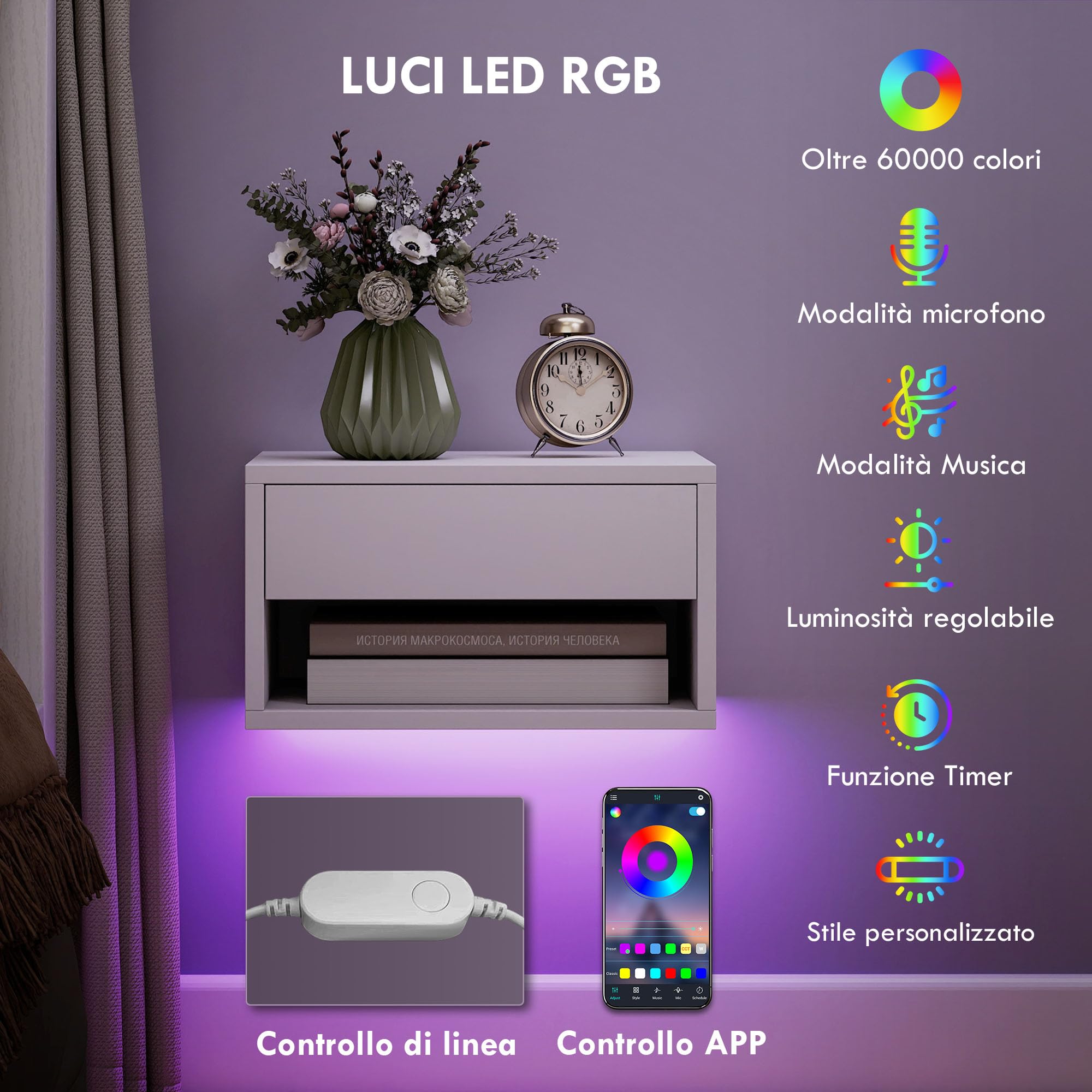 HOMCOM Set di 2 Comodini Camera da Letto Sospesi, Bianco | Coppia di Comodini Moderni, Luci LED RGB Integrate, Regolabili Tramite APP, Cassetto, Ripiano, 37x32x21 cm
