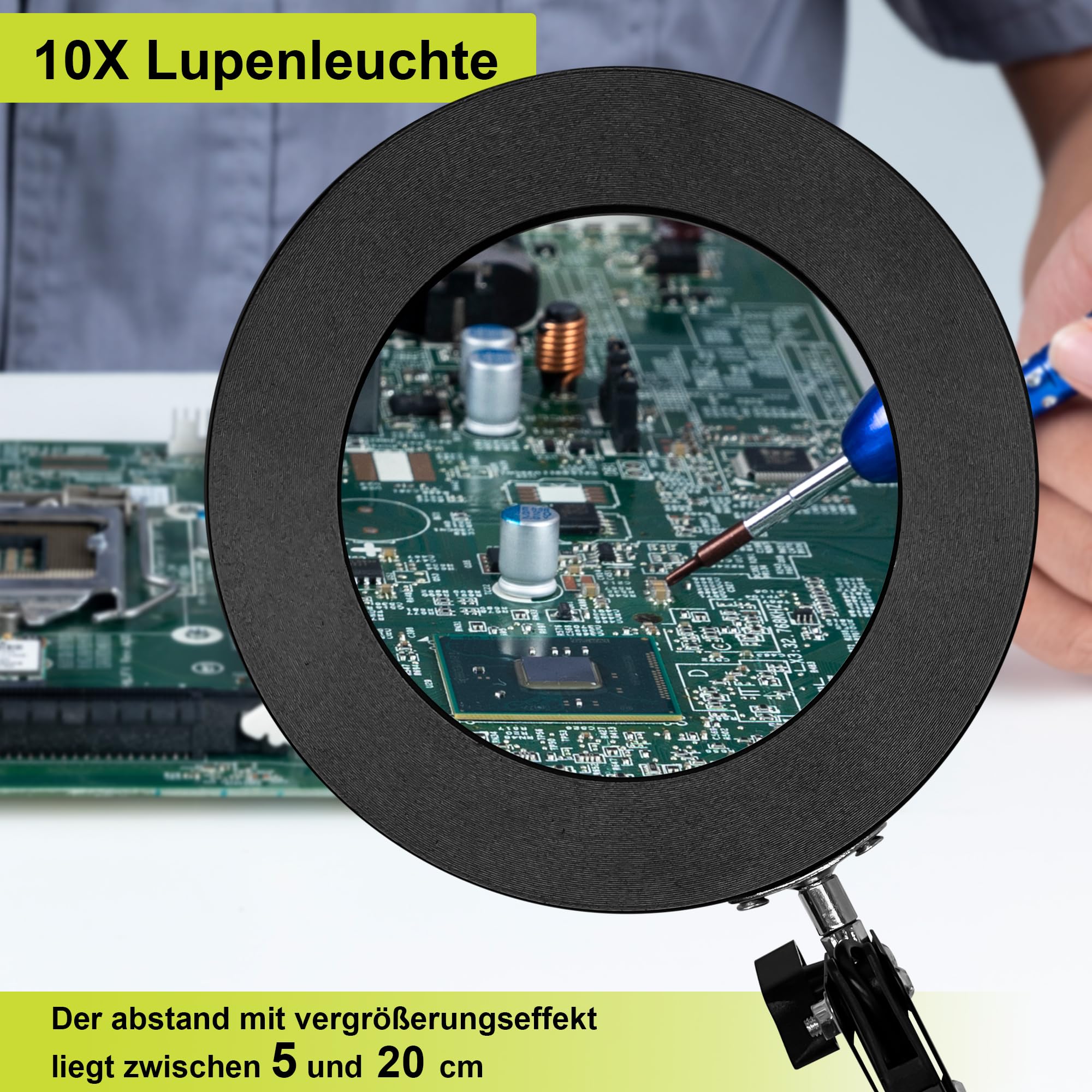 Lupe mit Licht und Klemme, 10x Lupenleuchte mit 3 Farbmod Dimmbare, FreihäNdige Lupenlampe LED für Naharbeiten, Hobbys, Basteln und Lesen, Schwarz