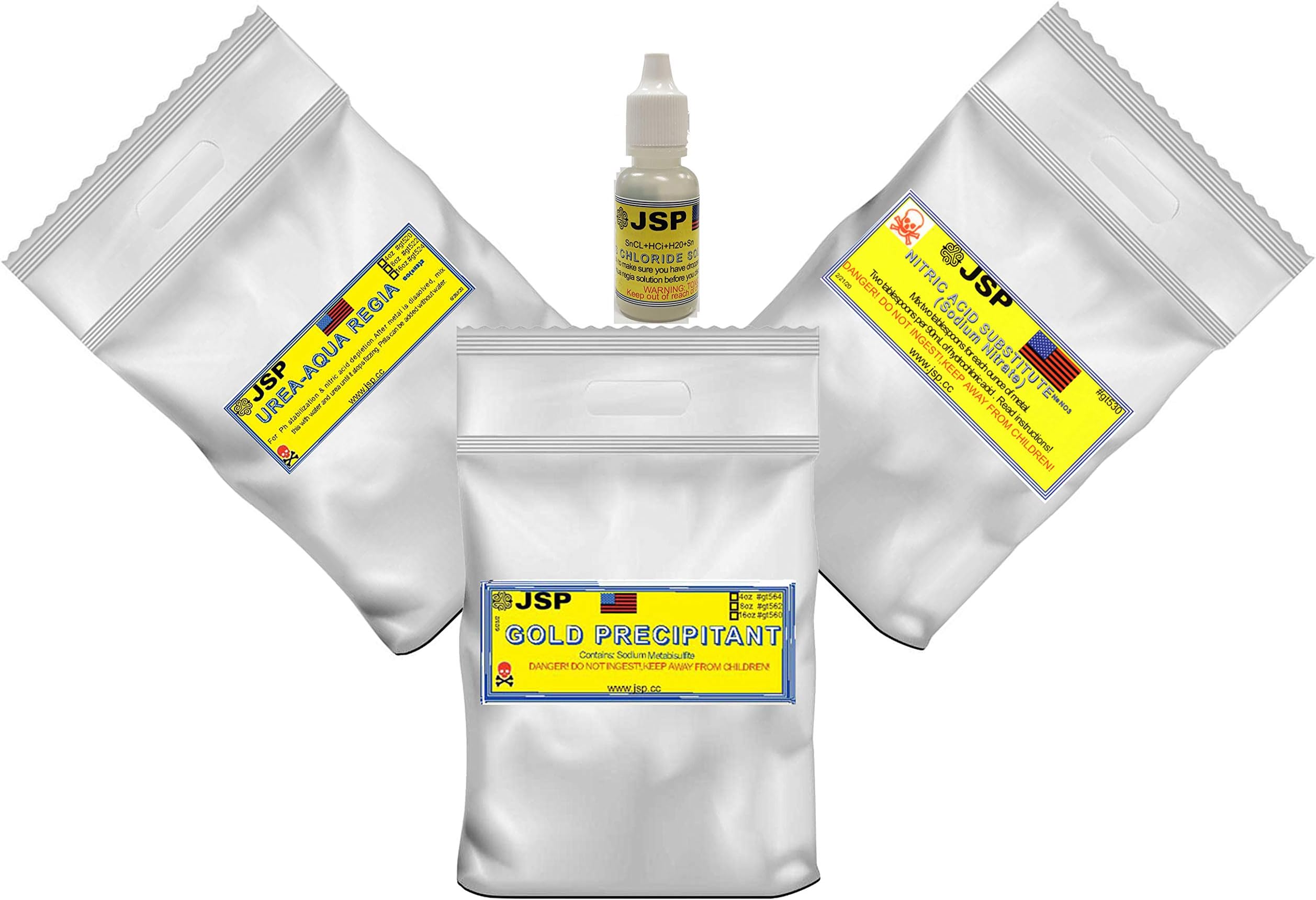 JSP Aqua regia Gold Refining Supply kit, 3X 1/2lb Bags +Stannous Chloride with Instructions.
