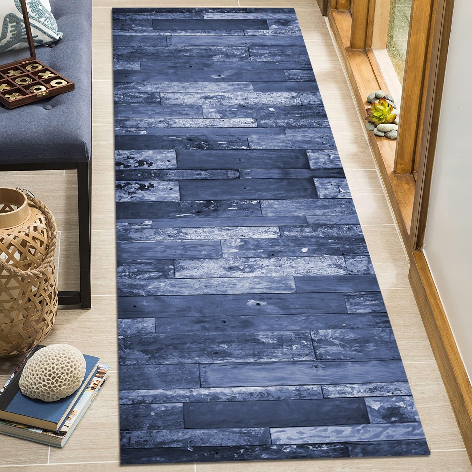 Alfombra Larga Antideslizante Para Pasillo O Cocina - Lavable, 90x300 Cm, Color Azul - Atrapa Suciedad Y Protege Suelos