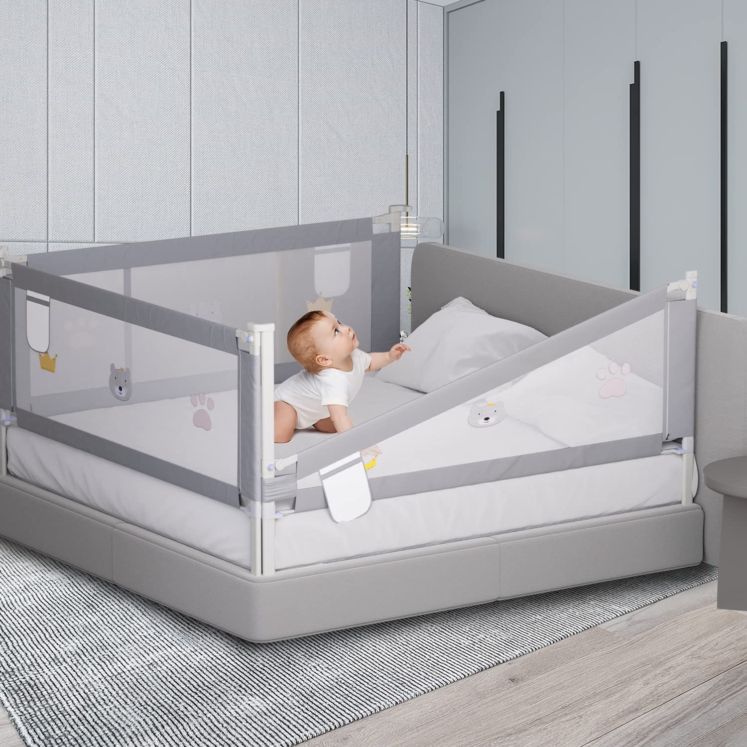 Ikodm - Griglia di protezione per letto 2X 200 cm e 1X 180 cm, griglia di protezione per letto con altezza regolabile da 70-98 cm, protezione anticaduta per letto, griglia di protezione per lettino