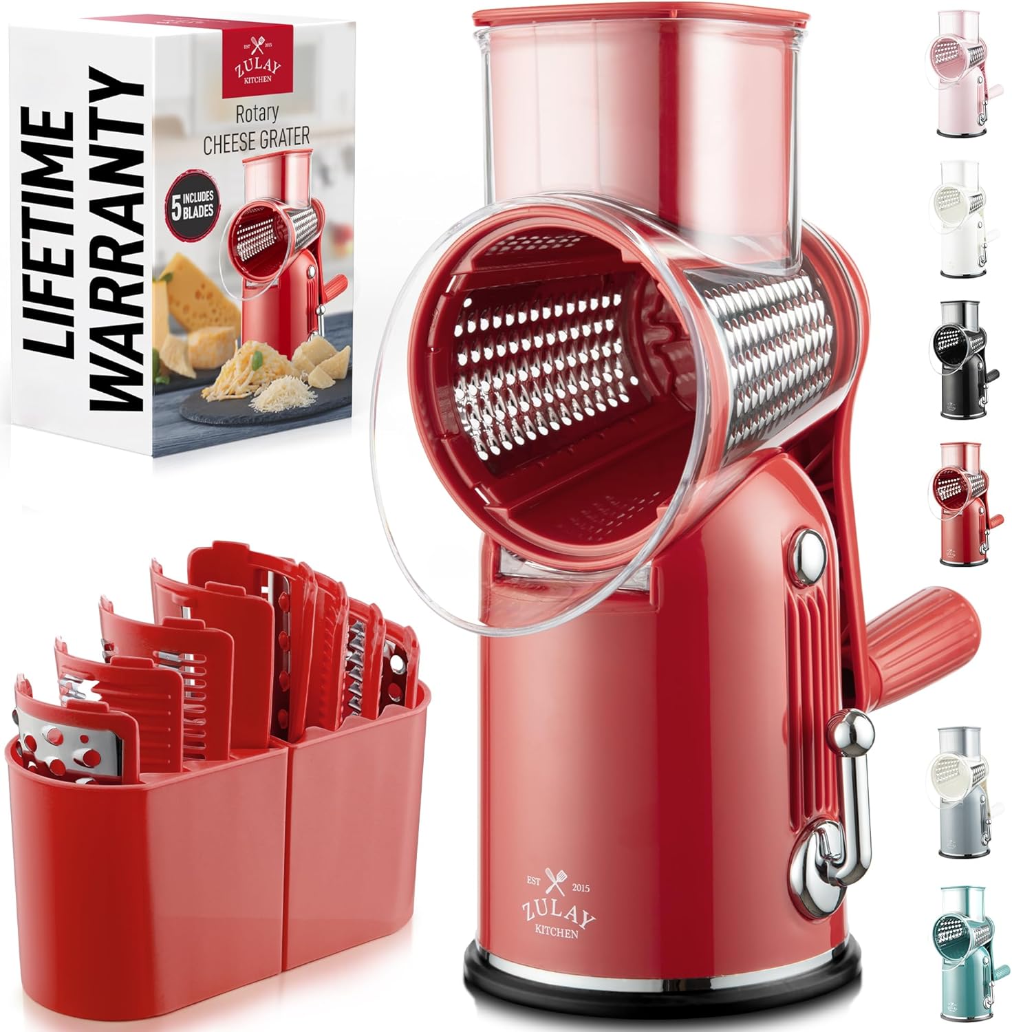 Zulay Kitchen Rotary Cheese Grater 5 Blade Cheese Shredder - Manual Hand Crank Cheese Grater With Reinforced Suction & 5 Interchangeable Drums - Easy to Use, Vegetable Chopper Round Mandoline Slicer