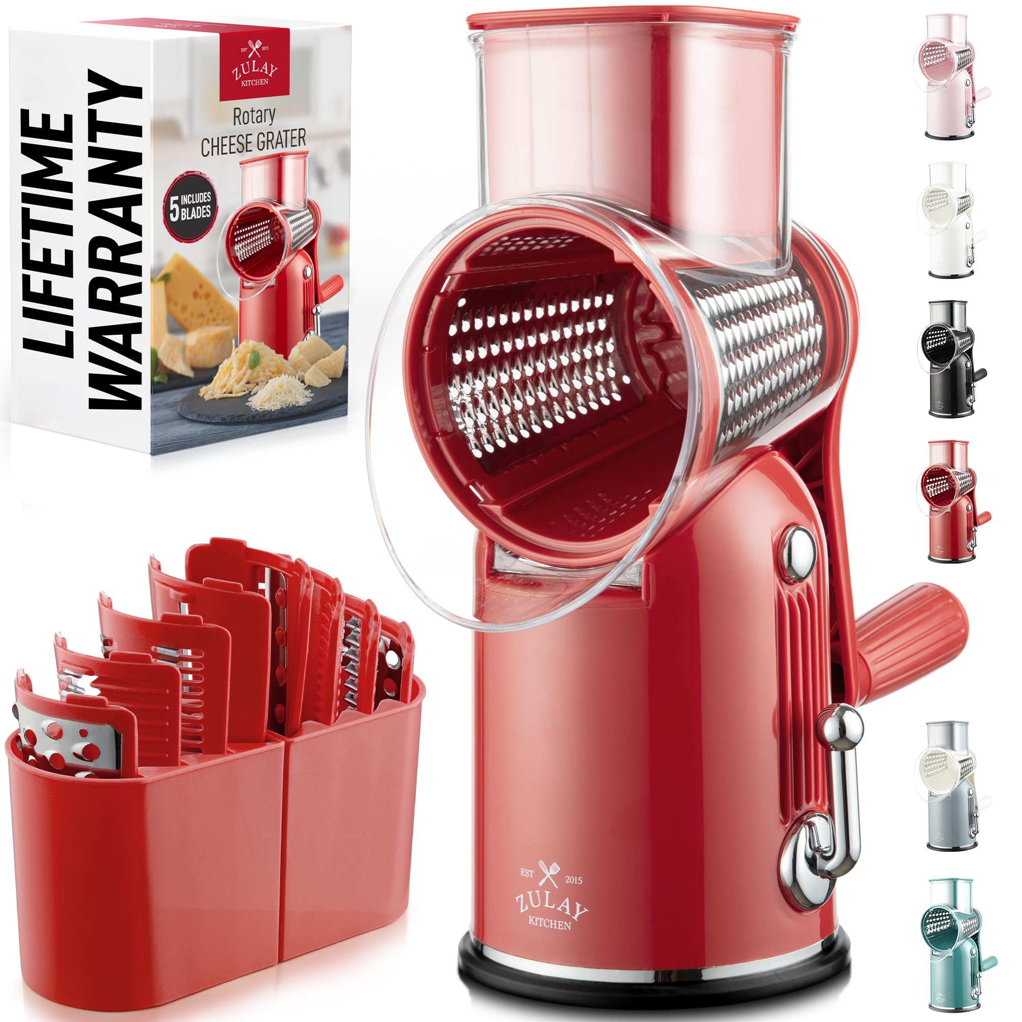 Rotary Cheese Grater Manual Hand Crank 5 Blade Shredder, Classic Red