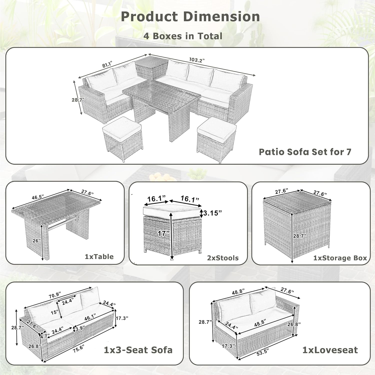 4 Piece UV-Proof Resin Wicker Patio Sofa Set with Retractable Canopy, Cushions and Lifting Table (Natural, 6-Piece)