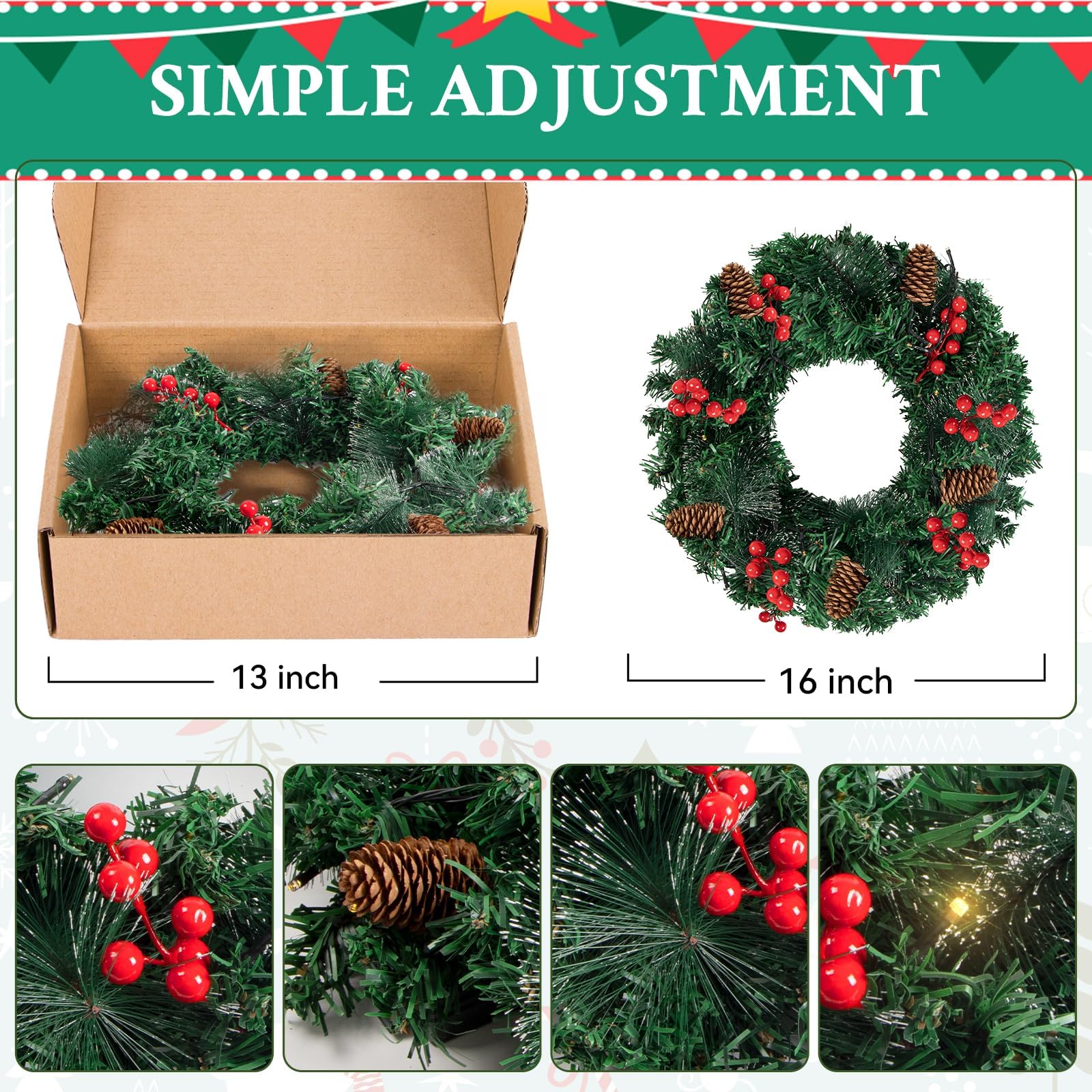 16in Couronne de Noël, LED Guirlande de Noël 8 Modes Couronne de Porte de Noël Artificielle avec Pommes de pin, Baies Rouges, Décoration de Noël pour Porte, Fenêtre, Cheminée, Mur