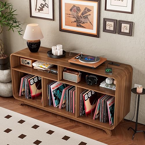 Miniatura 7 de Soporte para tocadiscos con gabinete de almacenamiento de vinilo con estación de carga y puertos USB, soporte para tocadiscos, gabinete curvo de