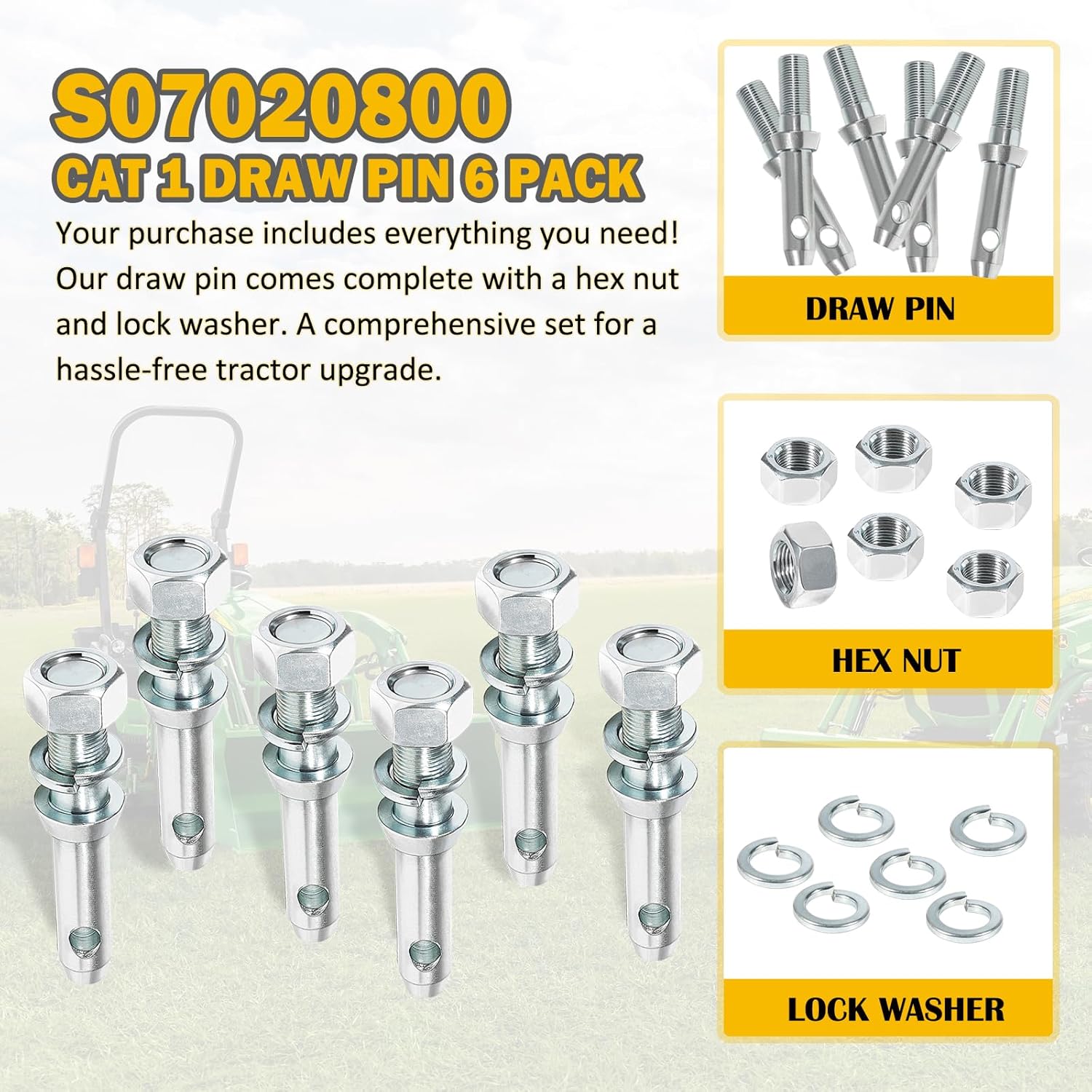 6-Pack S07020800 Cat 1 Draw Pin Hitch Accessories for Tractors, 5-1/2-Inch - Universal Forged Draw Pins with Rust-Resistant Coating, Ideal for Compact & Small Tractors