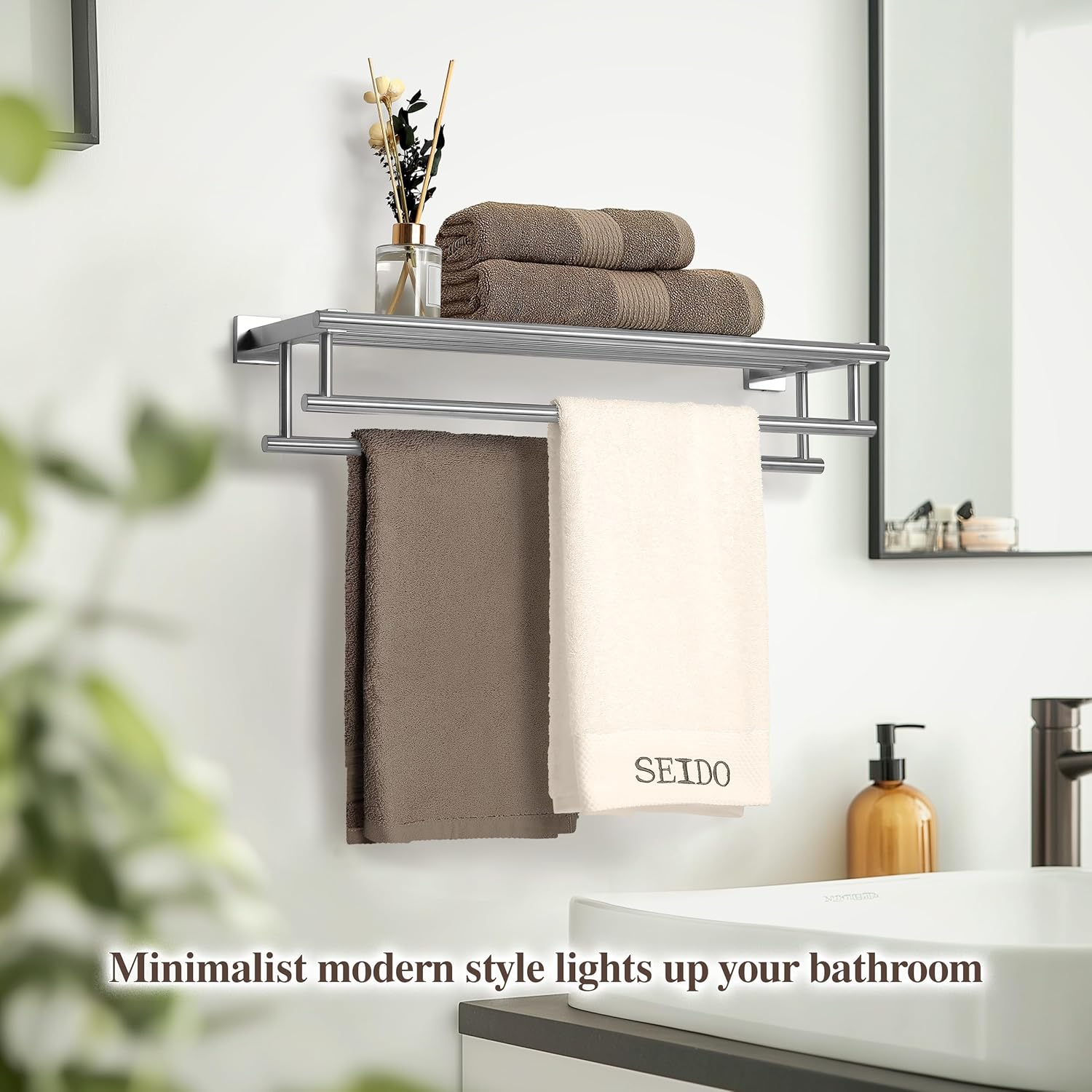 SEIDO 28 Inch Wall Mounted Towel Rack with Shelf, 2-Tier Bathroom Organizer with Double Towel Bar, Rustproof 304 Stainless Steel Towel Shelf, Heavy Duty Brushed Nickel Towel Holder for Bathroom