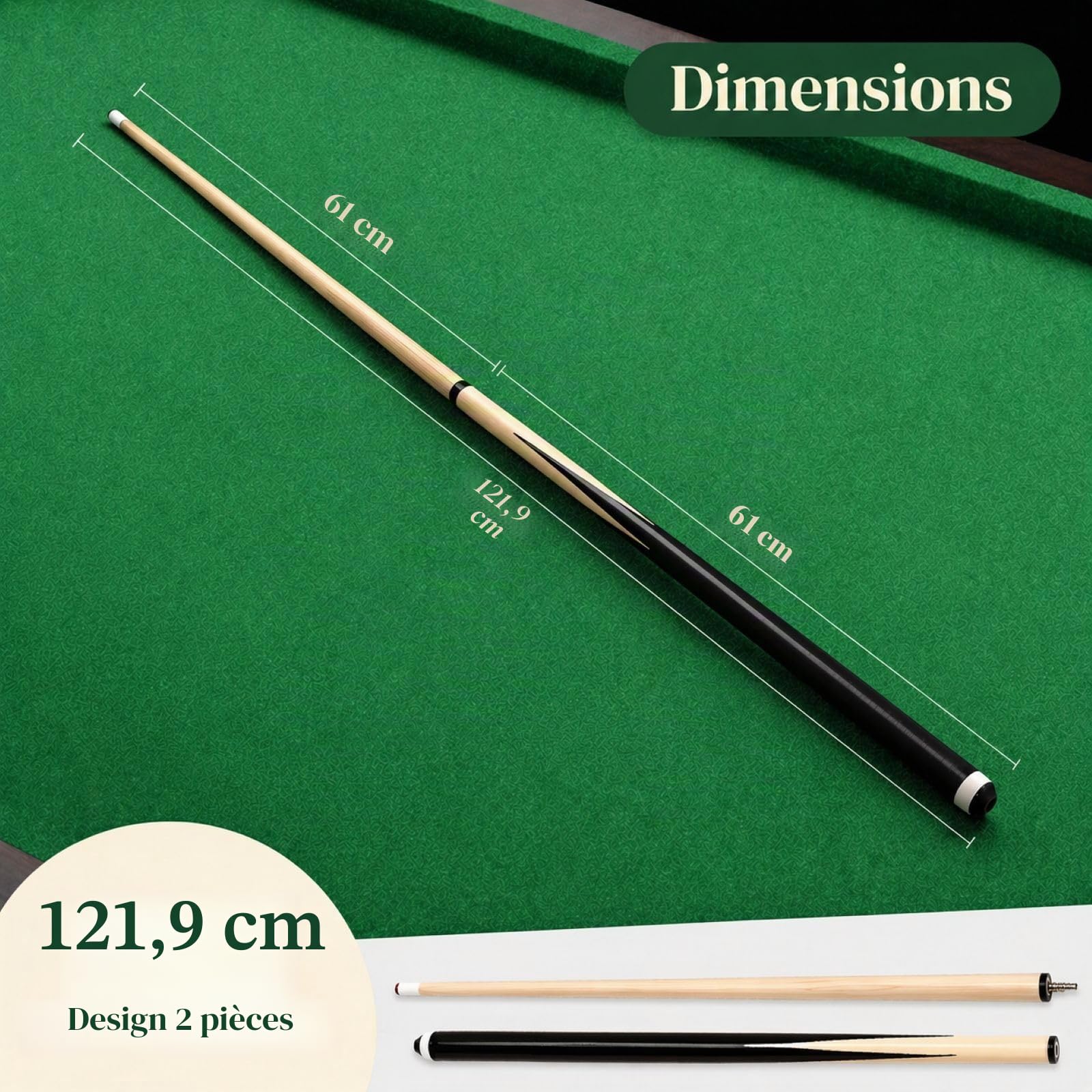 Queues de billard en bois de 91,4 cm/122,9 cm/147,7 cm - Bâtons de billard en bois dur - Pointes adhésives de 13 mm - Queues de billard