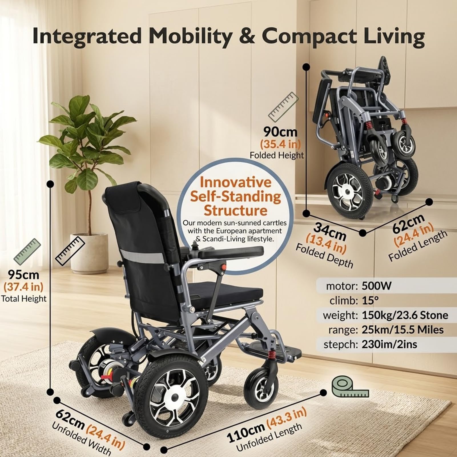 Silla de Ruedas Eléctrica Plegable Aluminio 500W 150kg Compacta | Doble Motor 500W, Plegable y Autoportante, Autonomía 25km, Carga 150kg, Cojín Memory, Freno Electromagnético