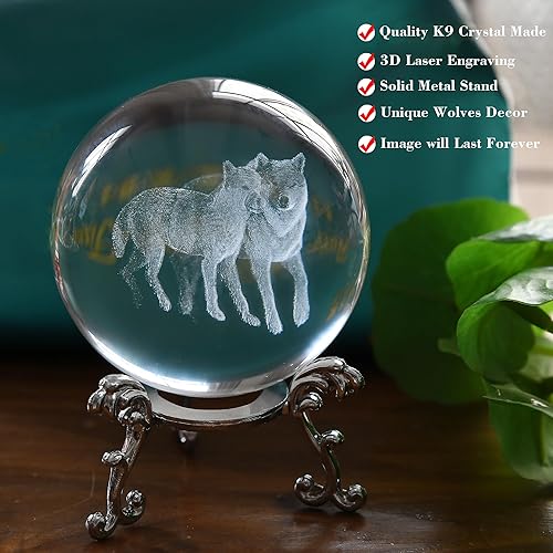 Miniatura 2 de Bola de cristal de lobo 3D con soporte, figura de lobo decoración de globo de animales de cristal, regalos de lobos para mujeres (2.362 in)
