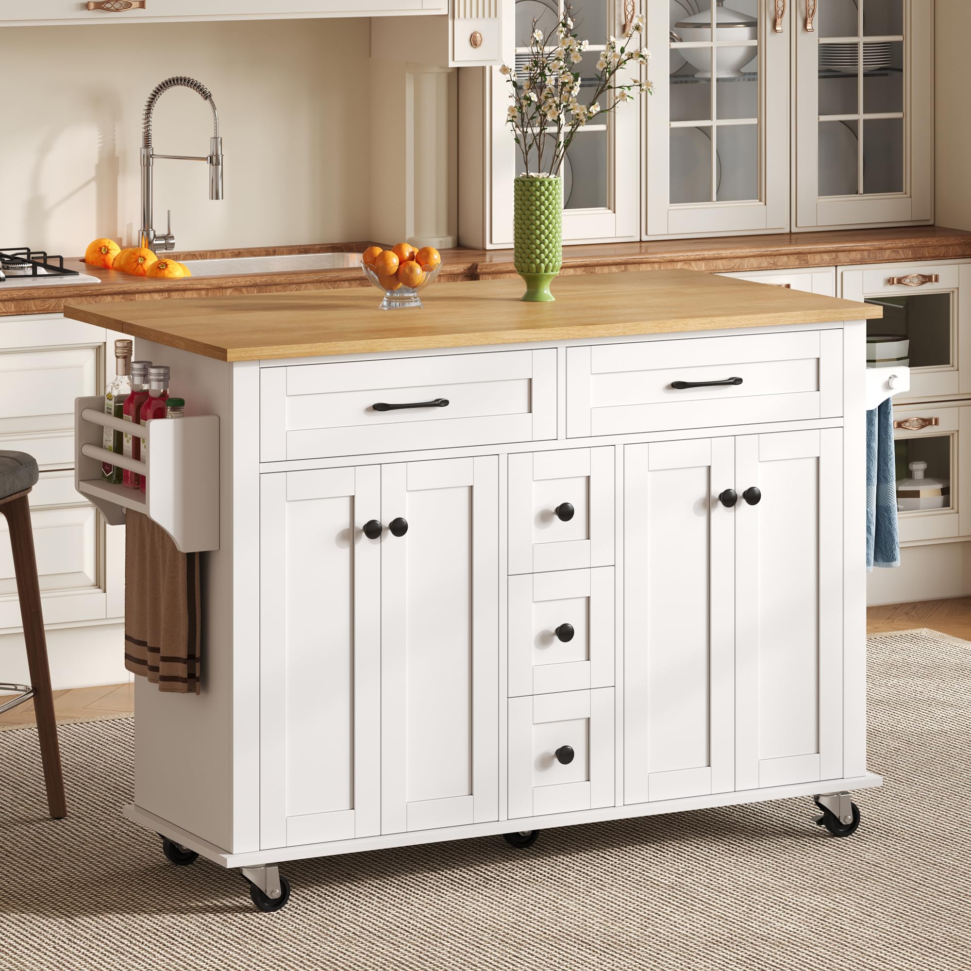 Merax Kücheninsel, Kitchen Island mit Klappbarer Arbeitsplatte, 5 Rollen, 2 Schrank, 5 Schubladen, Handtuchhalter und Gewürz, Küchenwagen, Küchenschrank für Küche, Esszimmer, 140×65×89cm (Weiß)