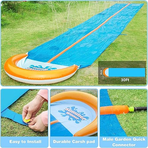 Miniatura 3 de Toboganes acuáticos de 30 pies con 2 bodyboards, tobogán de agua para césped, tobogán de agua de verano, tobogán de agua con rociador integrado para