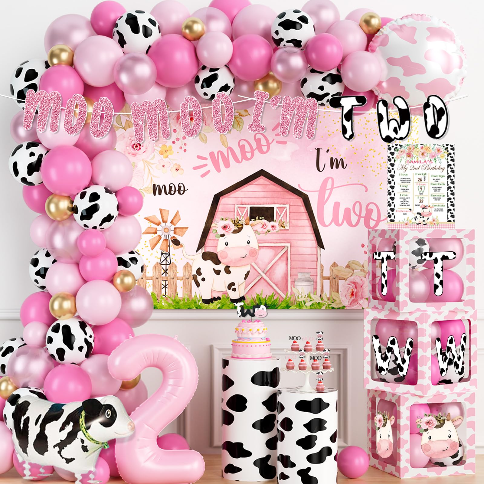 Party Inspo Moo Moo Im Two Birthday Decorations Girl, Pink Cow 2nd Birthday Party Decorations, Balloons, Backdrop, Banner, Cake Topper, Cupcake Topper