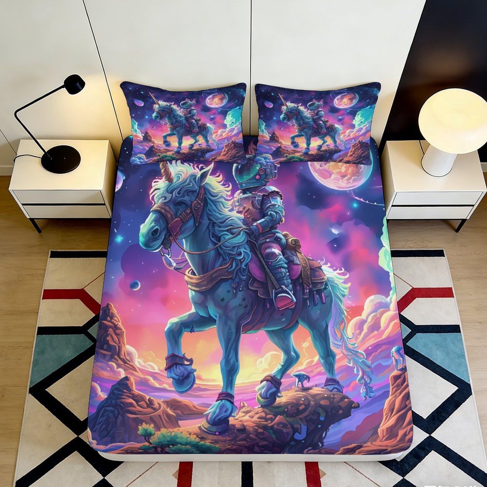 3D Printed Astronaut Riding Unicorn Fitted Sheet Microfiber Vibrant Galaxy Mattress Cover for Bedroom Dorm Decor 90x200x25cm