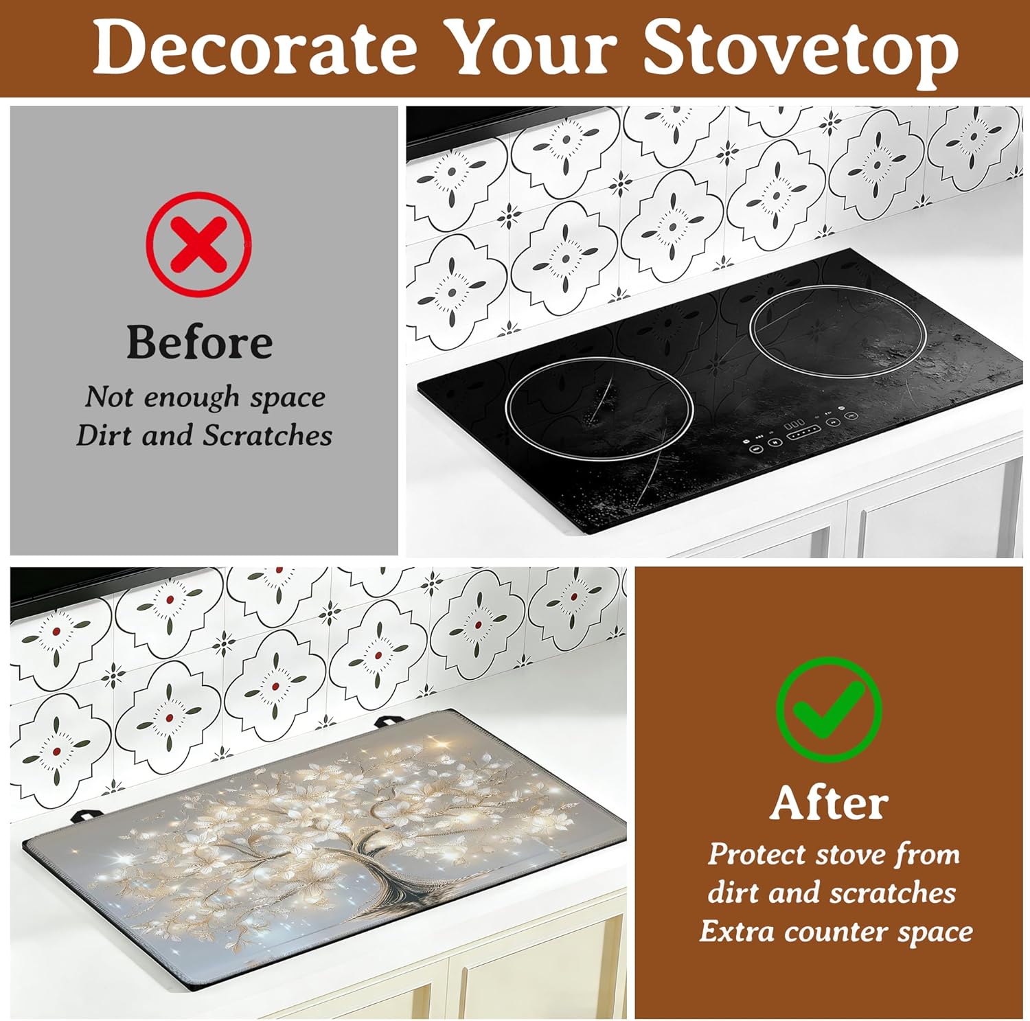 Sparkling Tree Electric Stove Top Cover,White Flower Stove Top Cover for Electric Heat Resistant Mat for Gas Cooktop Kitchen Washable Countertop Protector Mat 28.5×20.5in