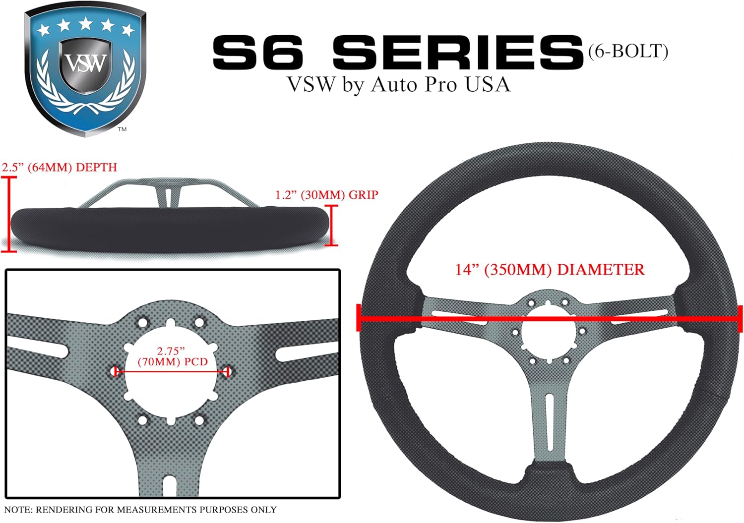 VSW S6 Steering Wheel, Black Leather 6 Bolt Black Slotted 3-Spoke ST3060BLK