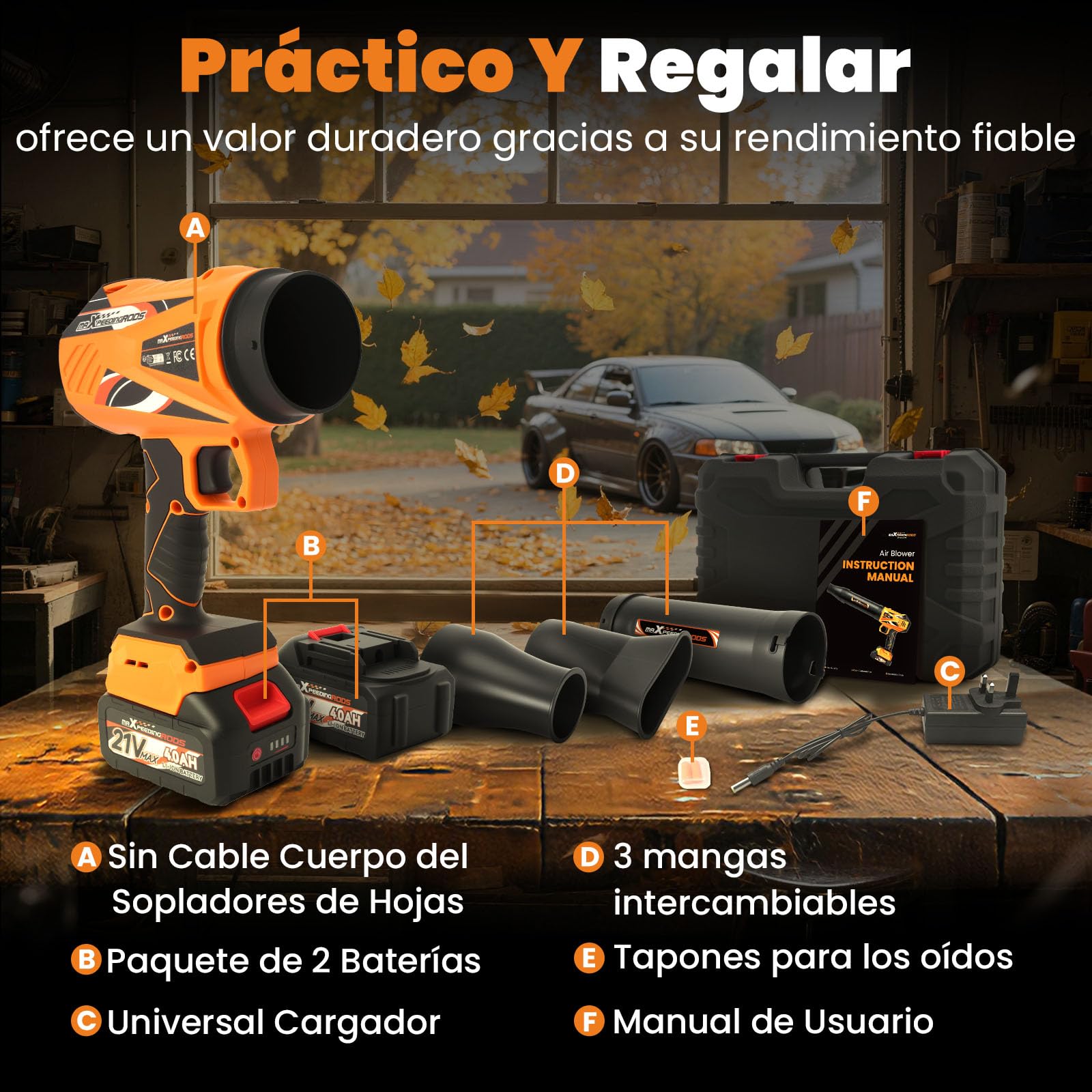 maXpeedingrods Sopladores de Hojas, Turbo Motor sin escobillas | con 2 baterías de 4,0Ah, 193km/h y 934m³/h, 3 boquillas, 1,35kg Soplador portátil para Auto, jardín, Hojas, Polvo y Nieve