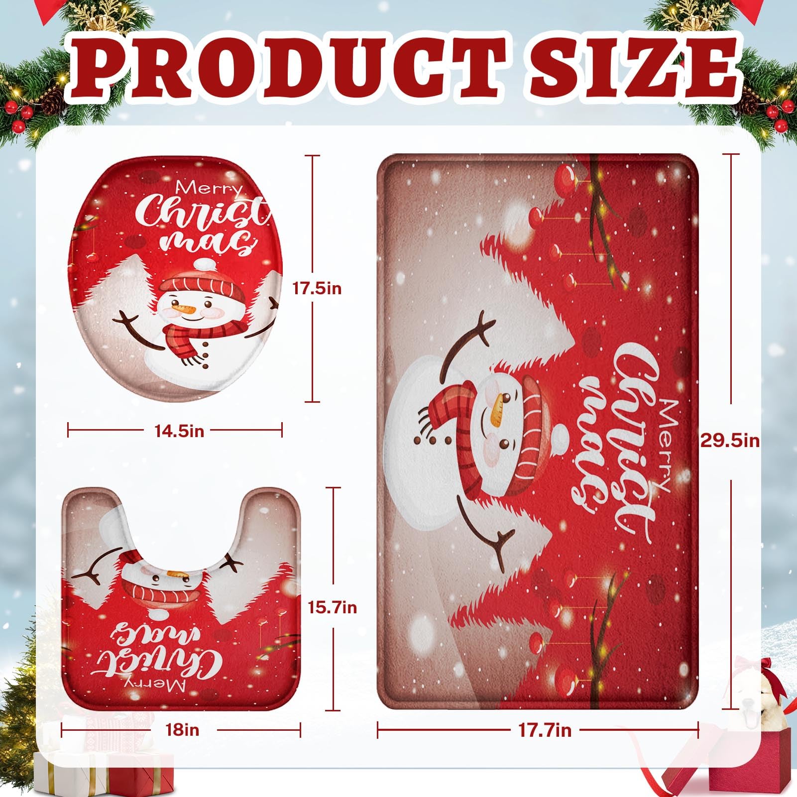 ArtSocket Lot de 3 tapis de salle de bain de Noël antidérapants en mousse à mémoire de forme, en microfibre absorbant - Motif bonhomme de neige - Lavable en machine
