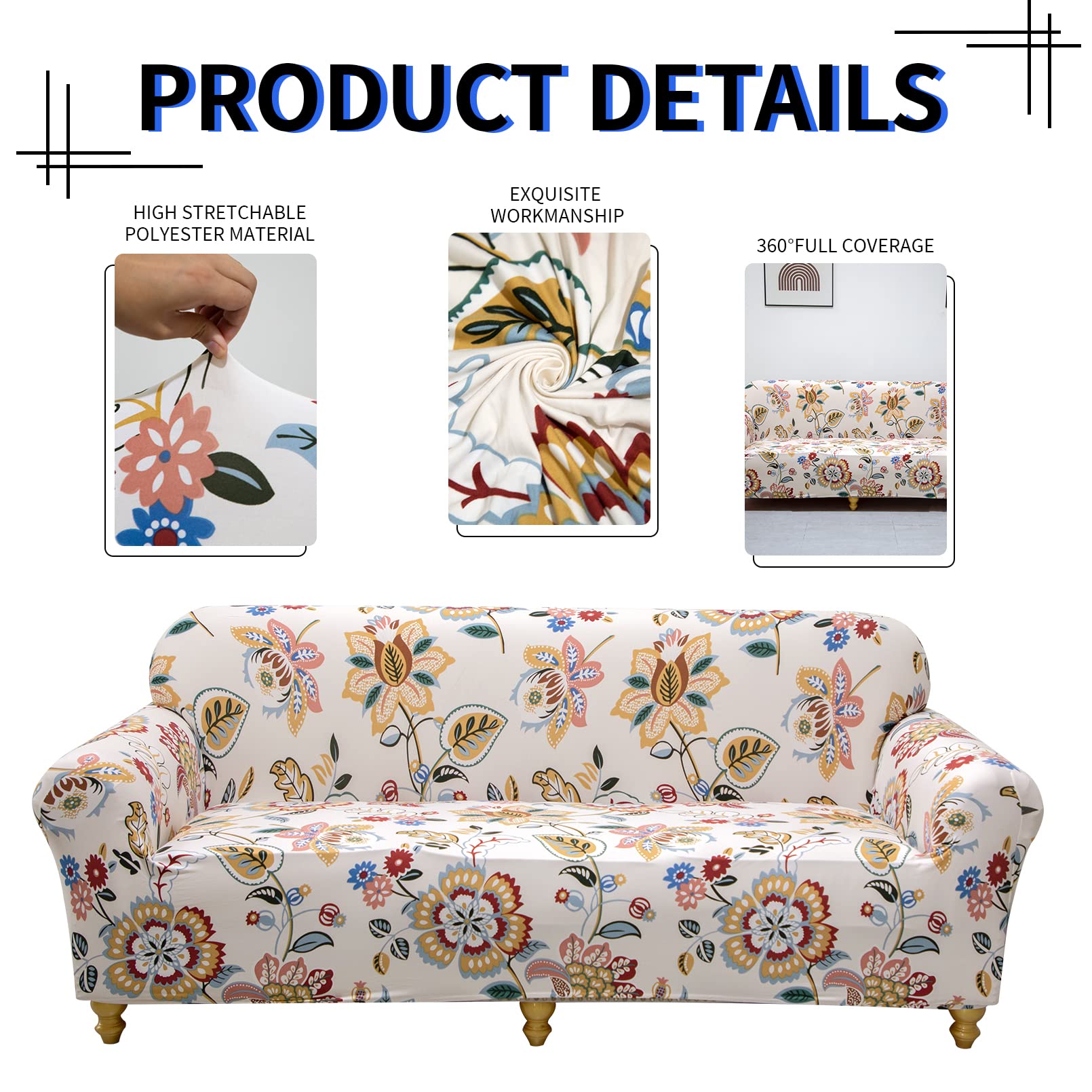 Lydevo Copridivano Elasticizzato 3 Posti Fodere Copri Divano con Braccioli con 2 Copricuscini Moderno Copridivano Fantasia Universale Antiscivolo Lavabile Divano Protector,Fiori Colorati