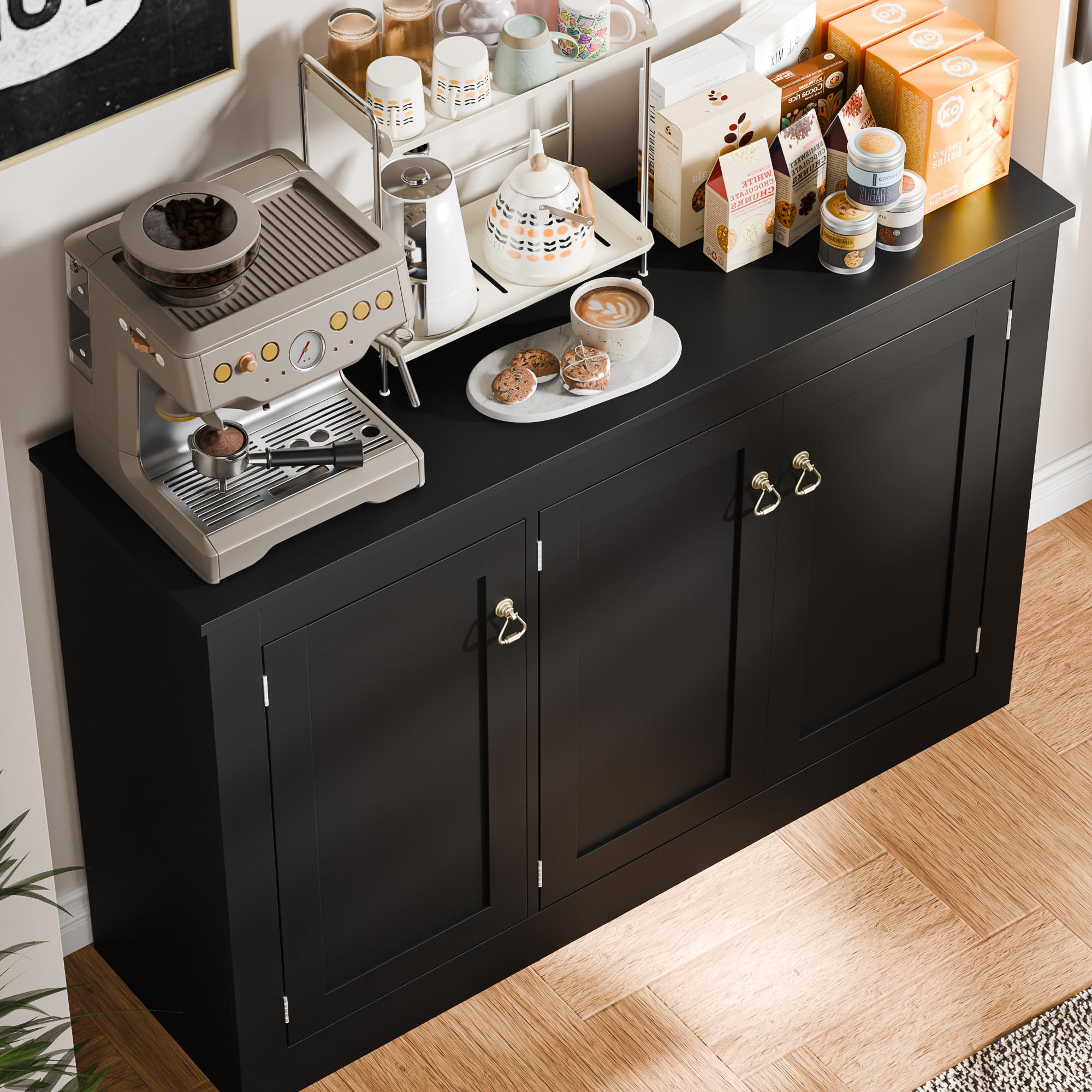 Sideboard, küchenschrank, mit 3 Türen und verstellbare Ablagen, 113 cm lang, buffetschrank, Aufbewahrungsschrank,Holzkommode für Küche,Wohnzimmer, Flur und Esszimmer (Schwarz, 113B cm)