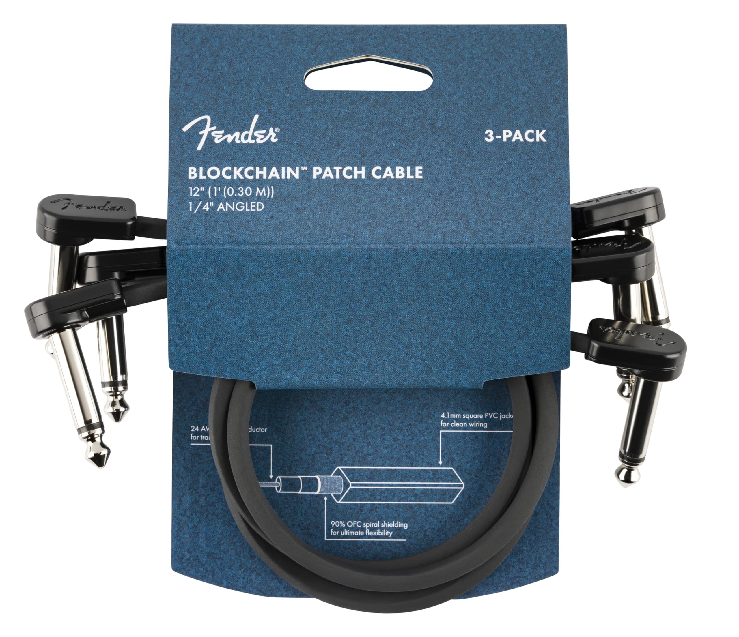 Fender Blockchain 12" Patch Cable, Guitar Cable, Guitar Accessories, 3-Pack, Angle/Angle