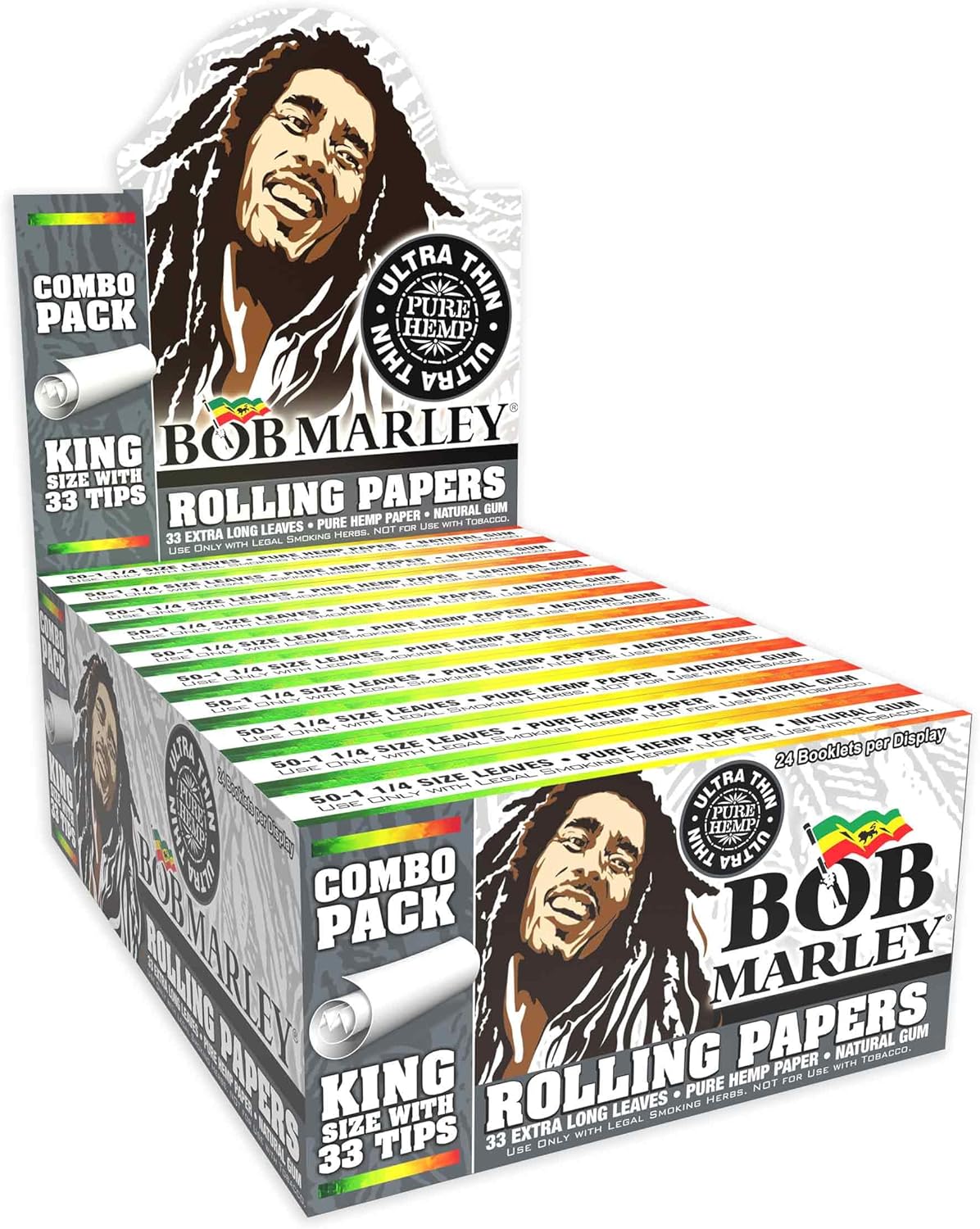 Bob Marley Rolling Paper - King Size (110mm) Ultra Thin Paper With Tips! - Box of 24 Booklets! (33 Leaves + Tips Per Booklet)