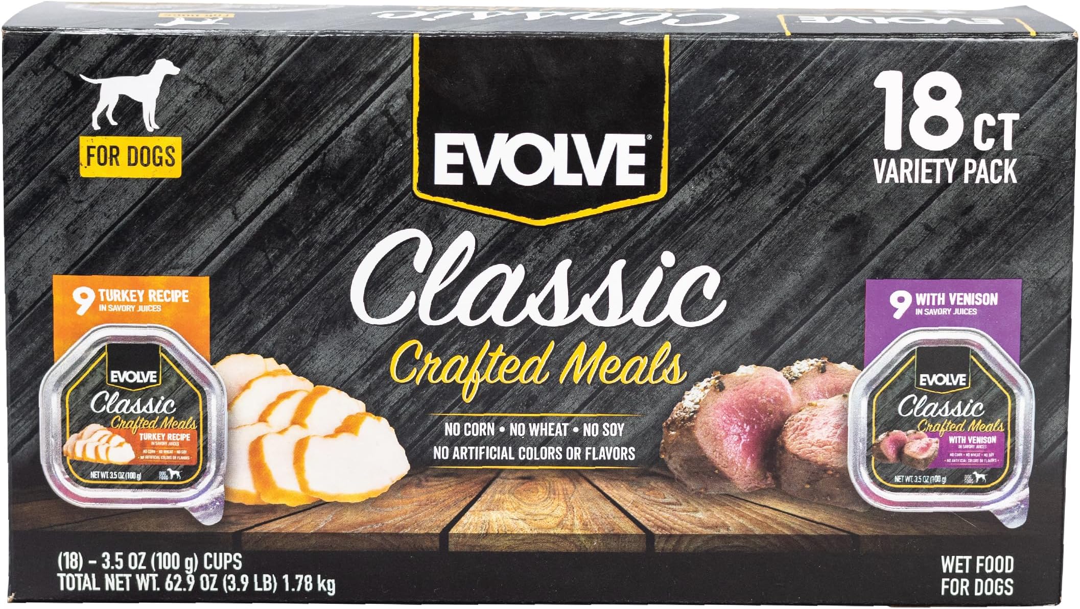 Evolve Classic Crafted Meals Variety Pack Turkey Recipe & with Venison Wet Dog Food | 3.5 oz - 18 pack