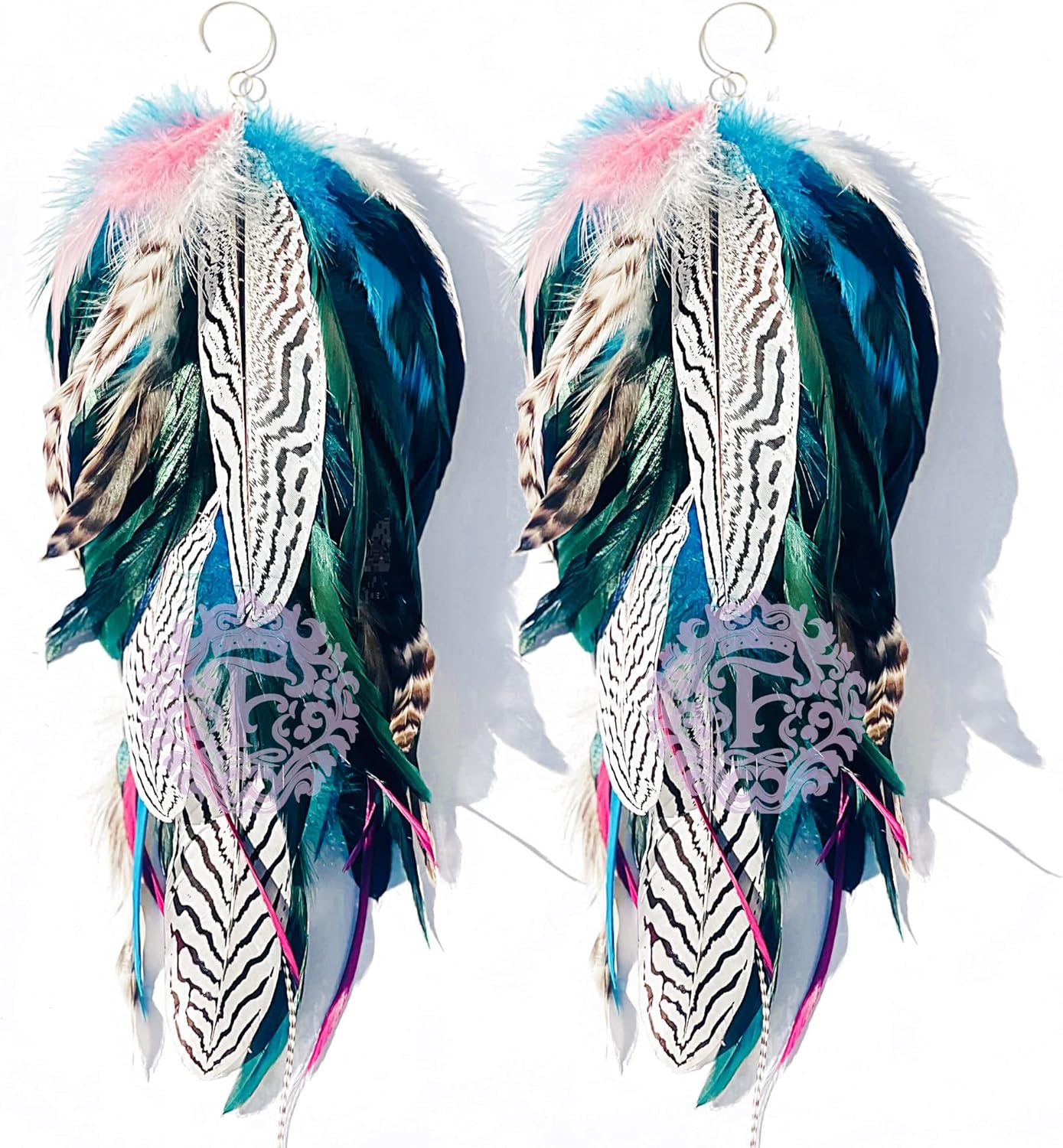 Extra Long Feather Earrings for Women – 15" Handmade Boho Festival Statement Earrings, Blue & Pink Natural Feathers, Tribal Jewelry, Lightweight Gift for Her
