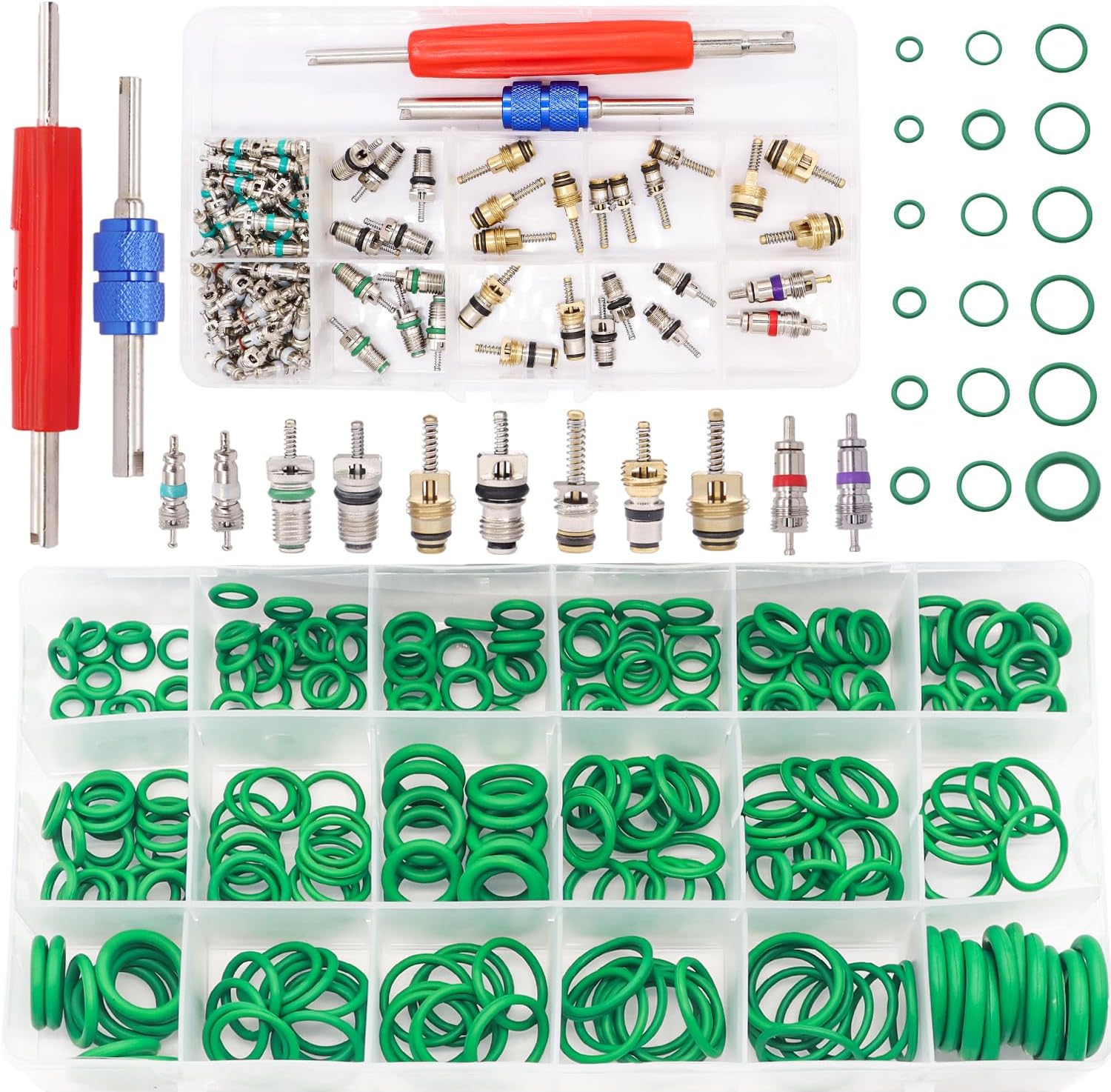TWTADE Car A/C Repair Kit - 270PCS Green Rubber O-Ring Kit + 102PCS Car Air Conditioner Valve Core Kit, A/C R12 R134a Refrigeration Tire Valve Stem Cores with Remover Tool, AC O Rings System Seal Kit