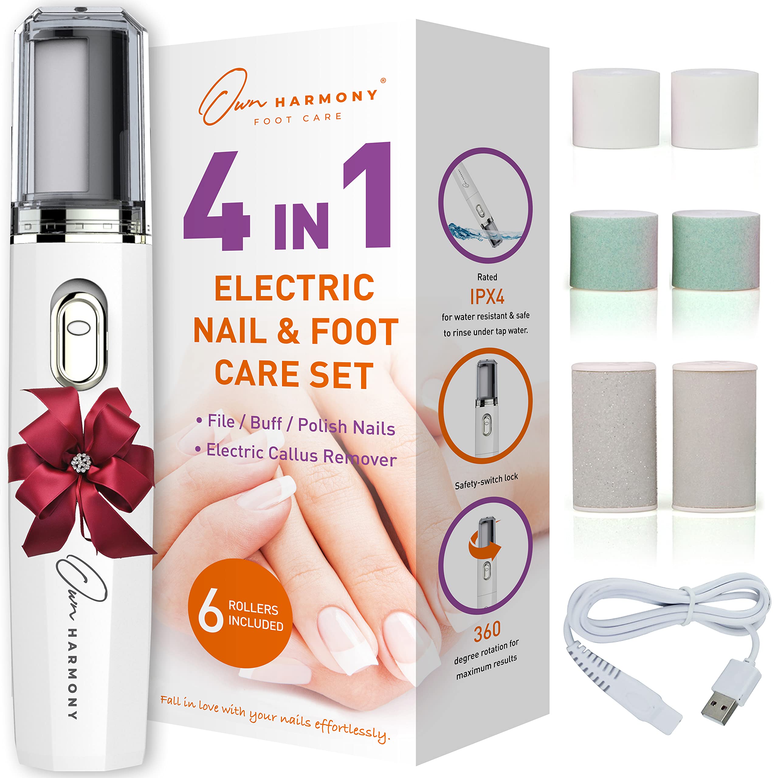 Own Harmony Electric Foot File Callus Remover & Electronic Nail File (4 in 1) Best Mani Pedi Tools - Professional Manicure & Pedicure Care Set - Perfect Toenail Polisher and Shine Buffer (USB Cord)