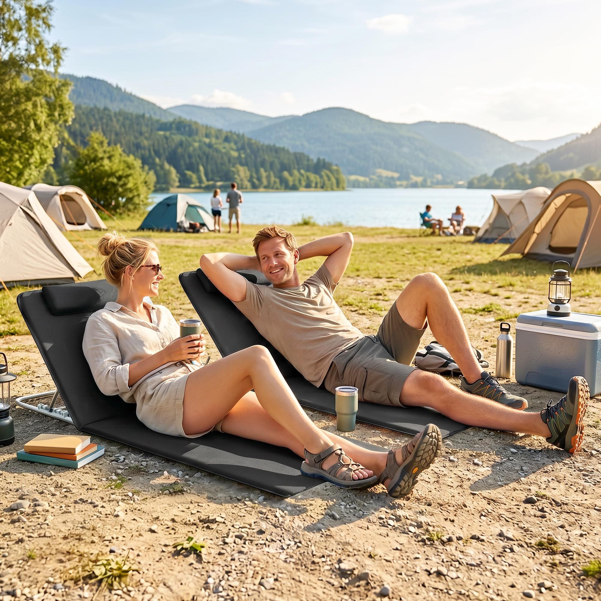 Outsunny Conjunto de 2 Esterillas de Playa Plegable Esterillas con Respaldo Reclinable en 5 Niveles Reposacabezas y Bolsa de Transporte 134x48x33-43 cm Negro