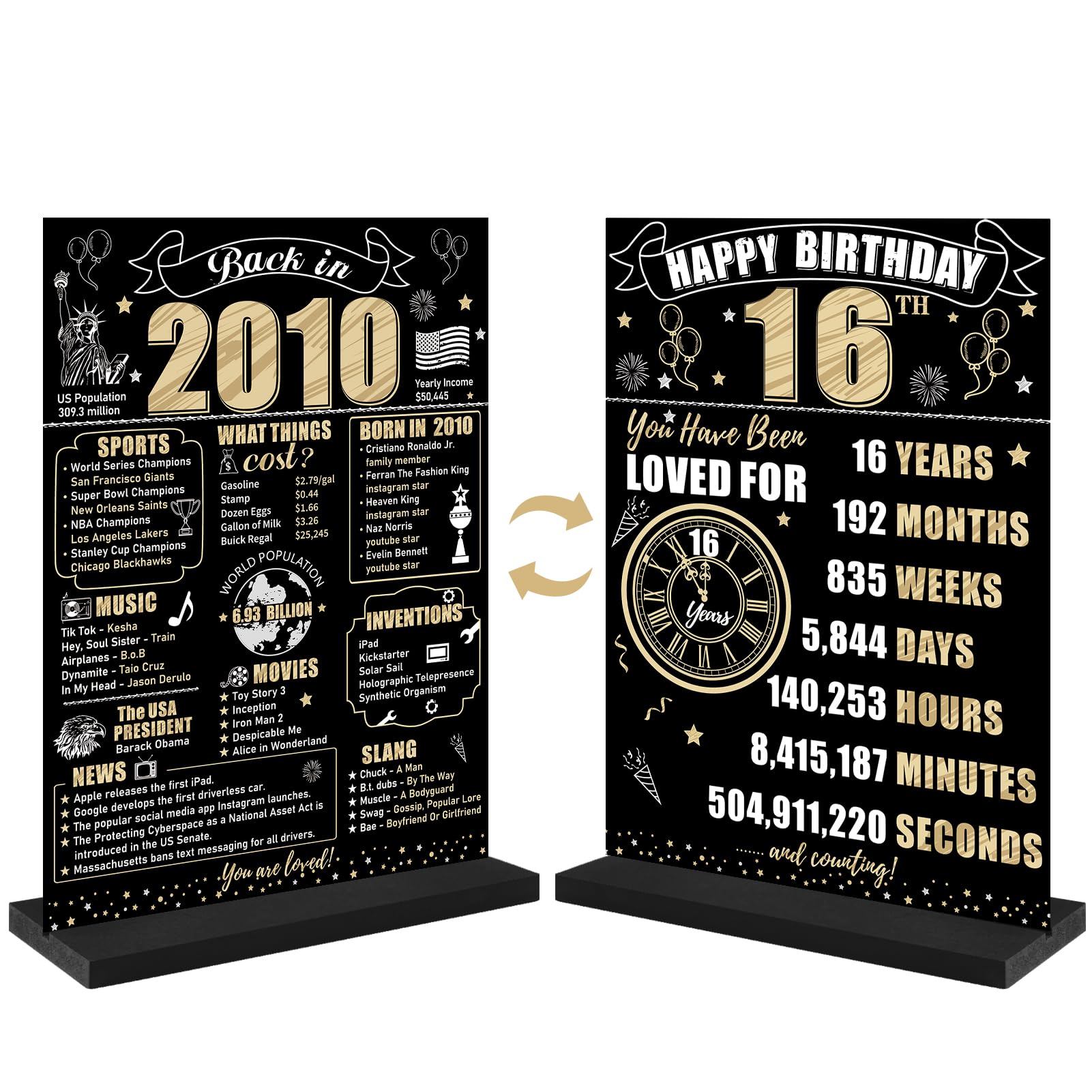 16th Birthday Decorations Back in 2010 Table Sign for Men Women, Black Gold Happy 16 Bday Two-Sided Wooden Table Poster with Stand Party Supplies, Sixteen Birthday Display Holder Decor