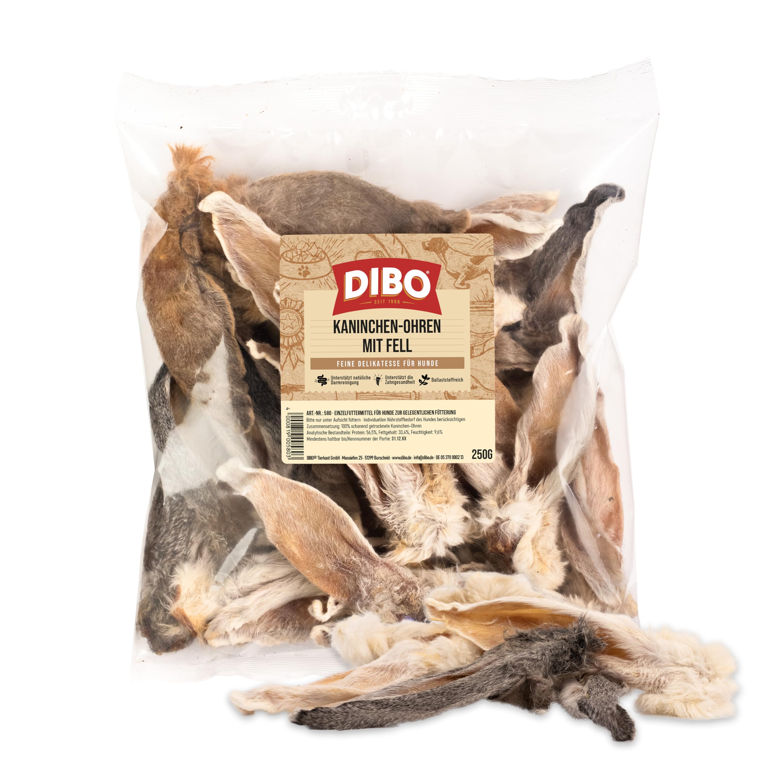 DIBO Kaninchen-Ohren mit Fell, 250g Beutel - 100% schonend getrockneter Naturkausnack für Hunde, natürliche Darmreinigung, natürlich und artgerechtes Barf Leckerli